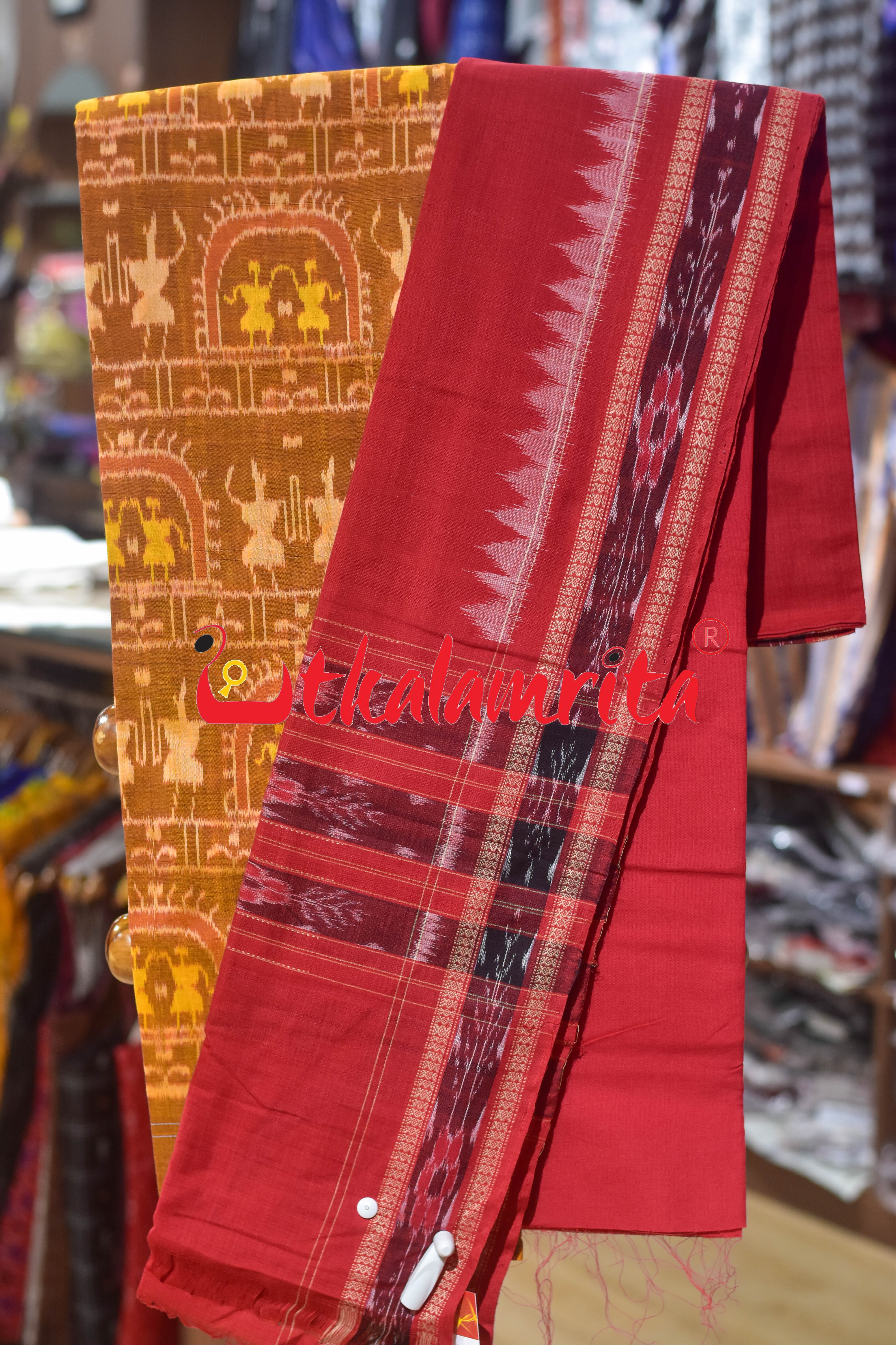 Mustard Red Jodi Tribals Sambalpuri Cotton Dress Set