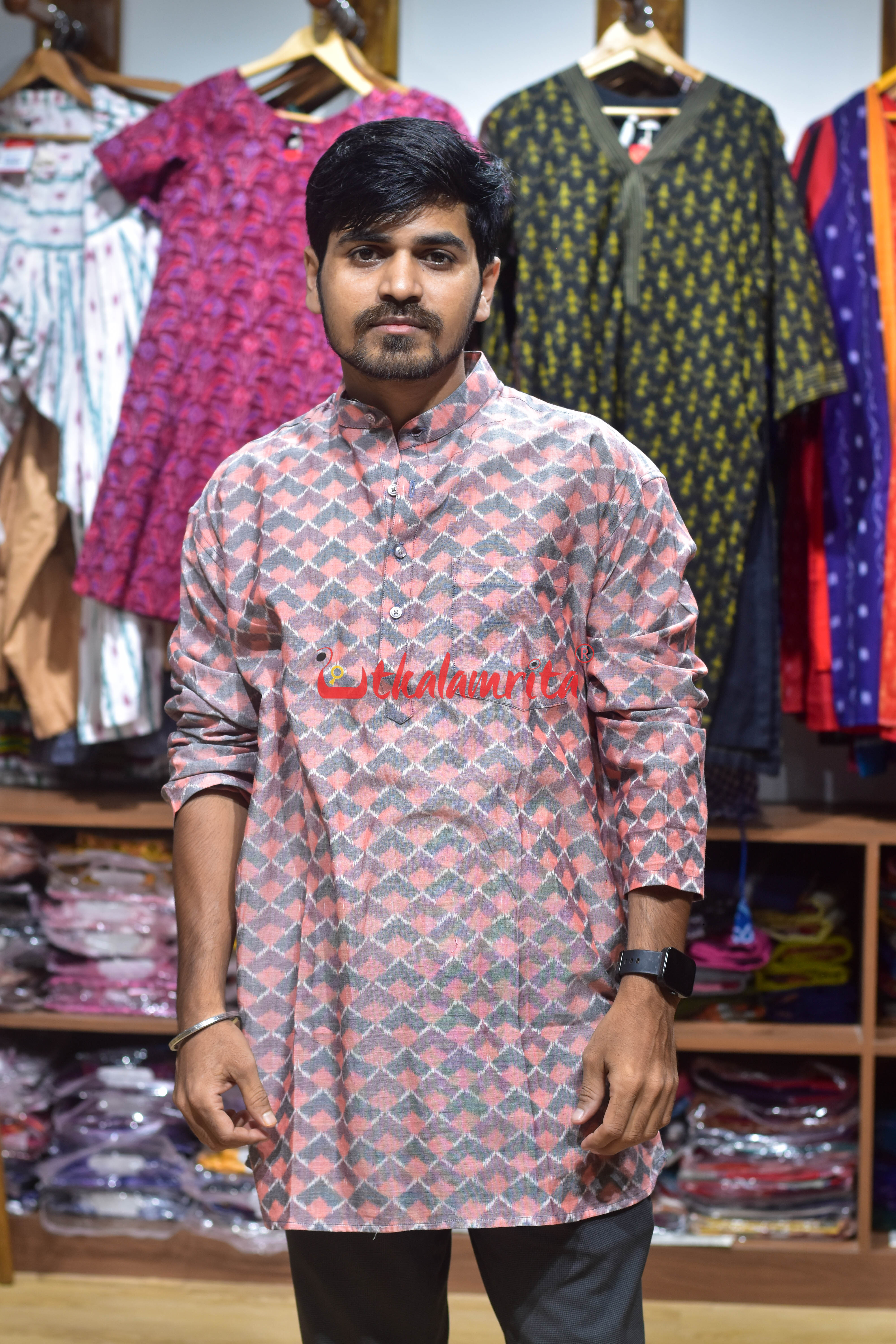 Pink Grey Pyramid (Men's Short Kurta)