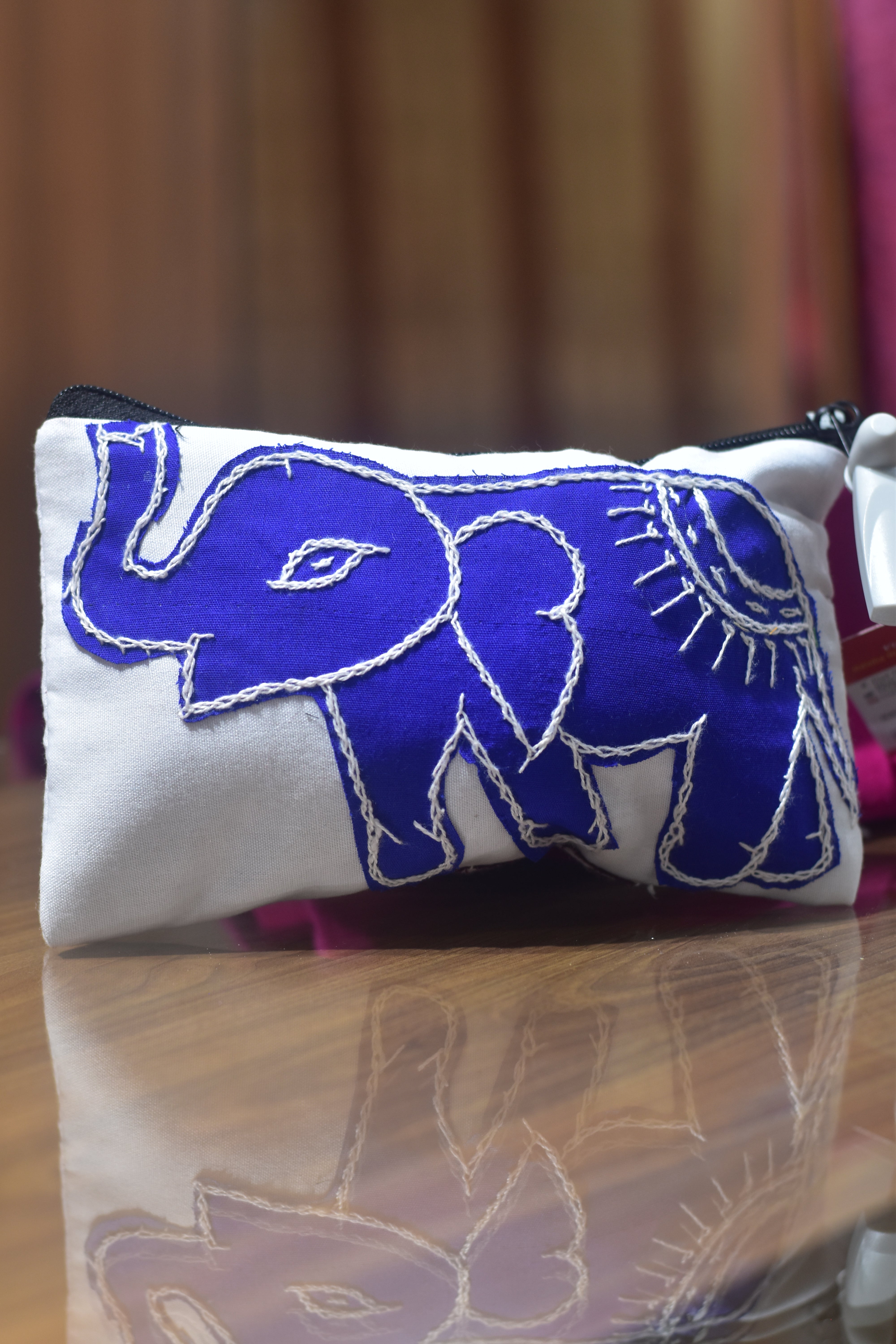 White Blue Elephant Maroon Flower Pipli Applique Purse