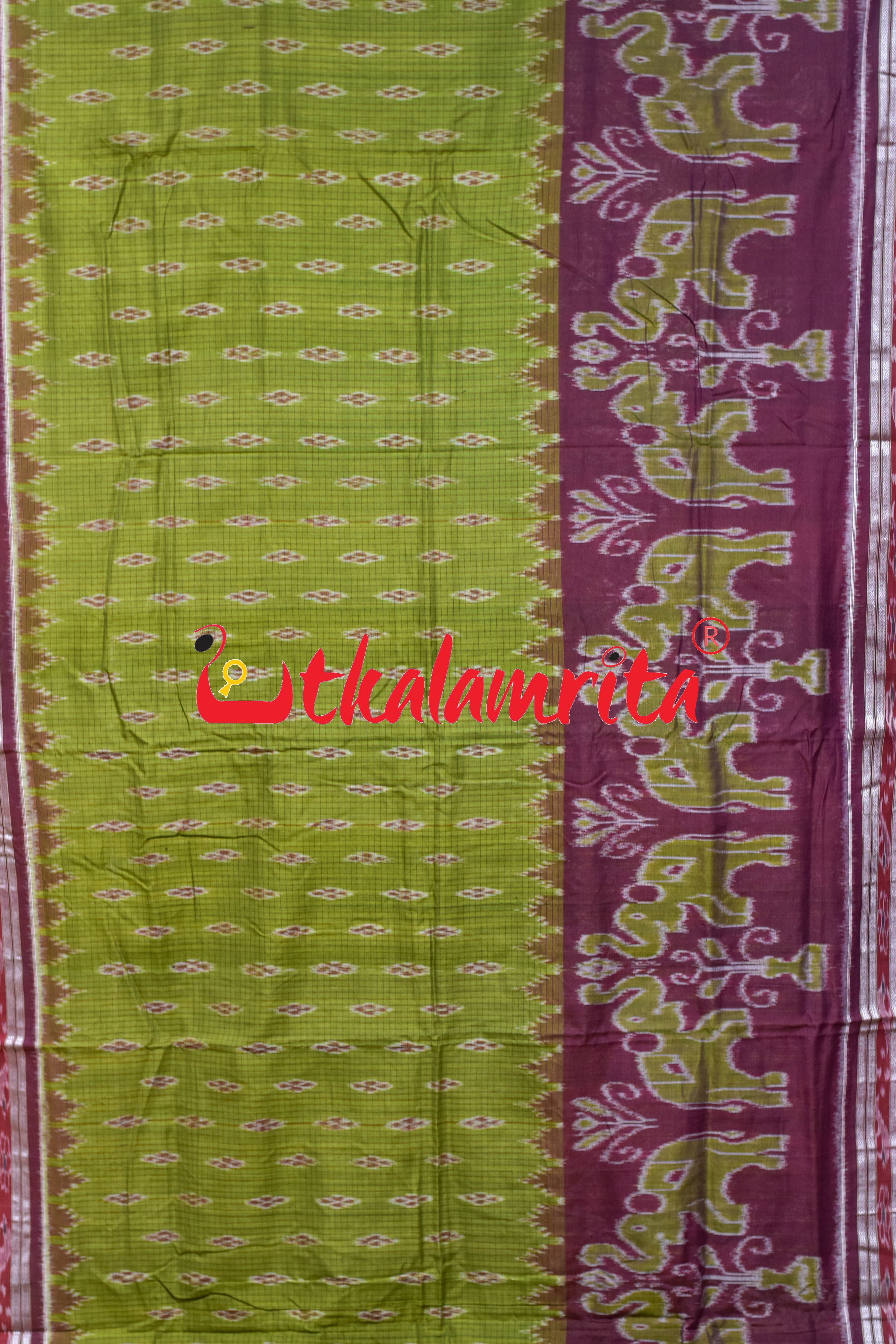 Mehndi Wine Elephant Scot Khandua Cotton Saree