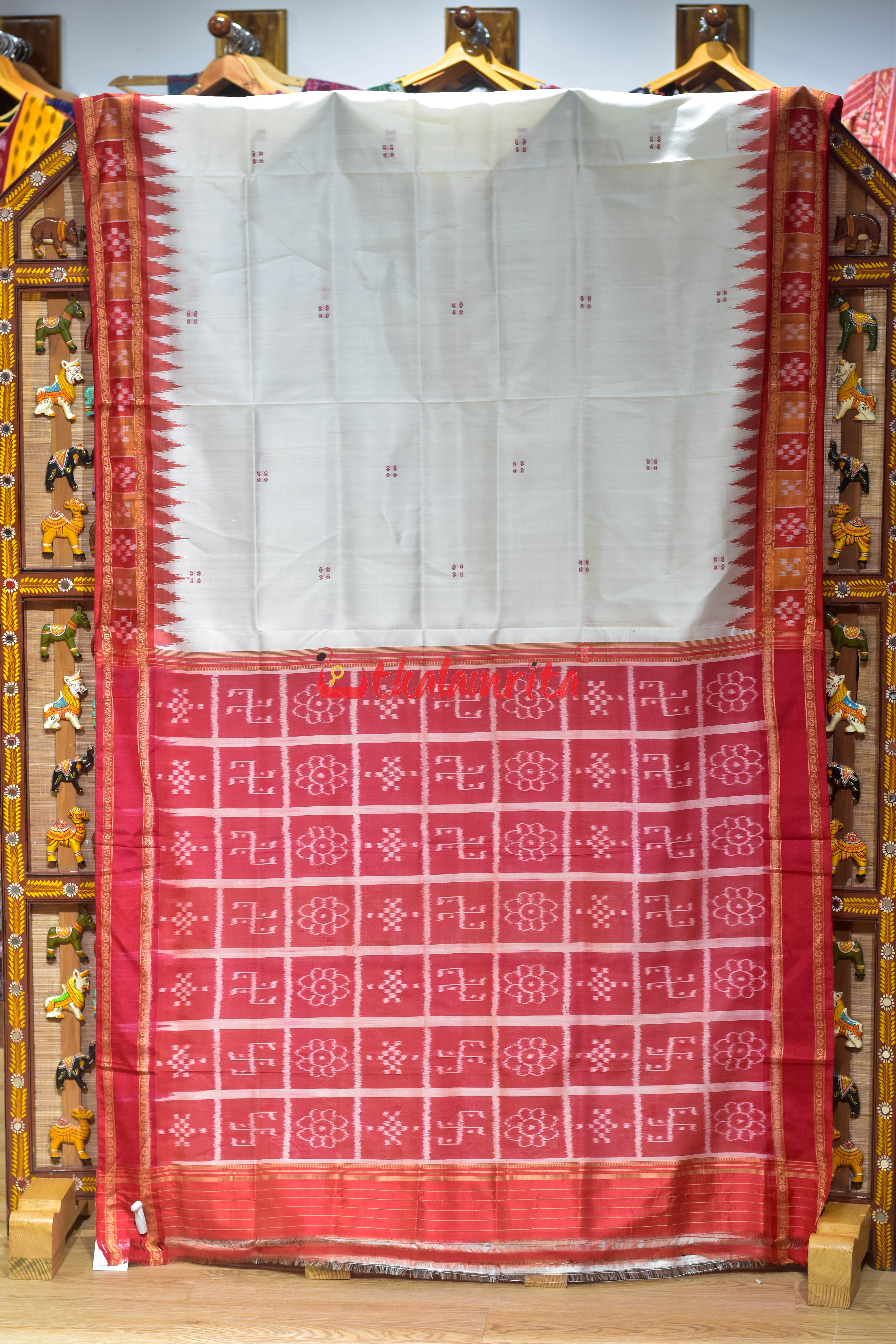 Red Orange Pasapali with Swastik Anchal Khandua Silk Saree