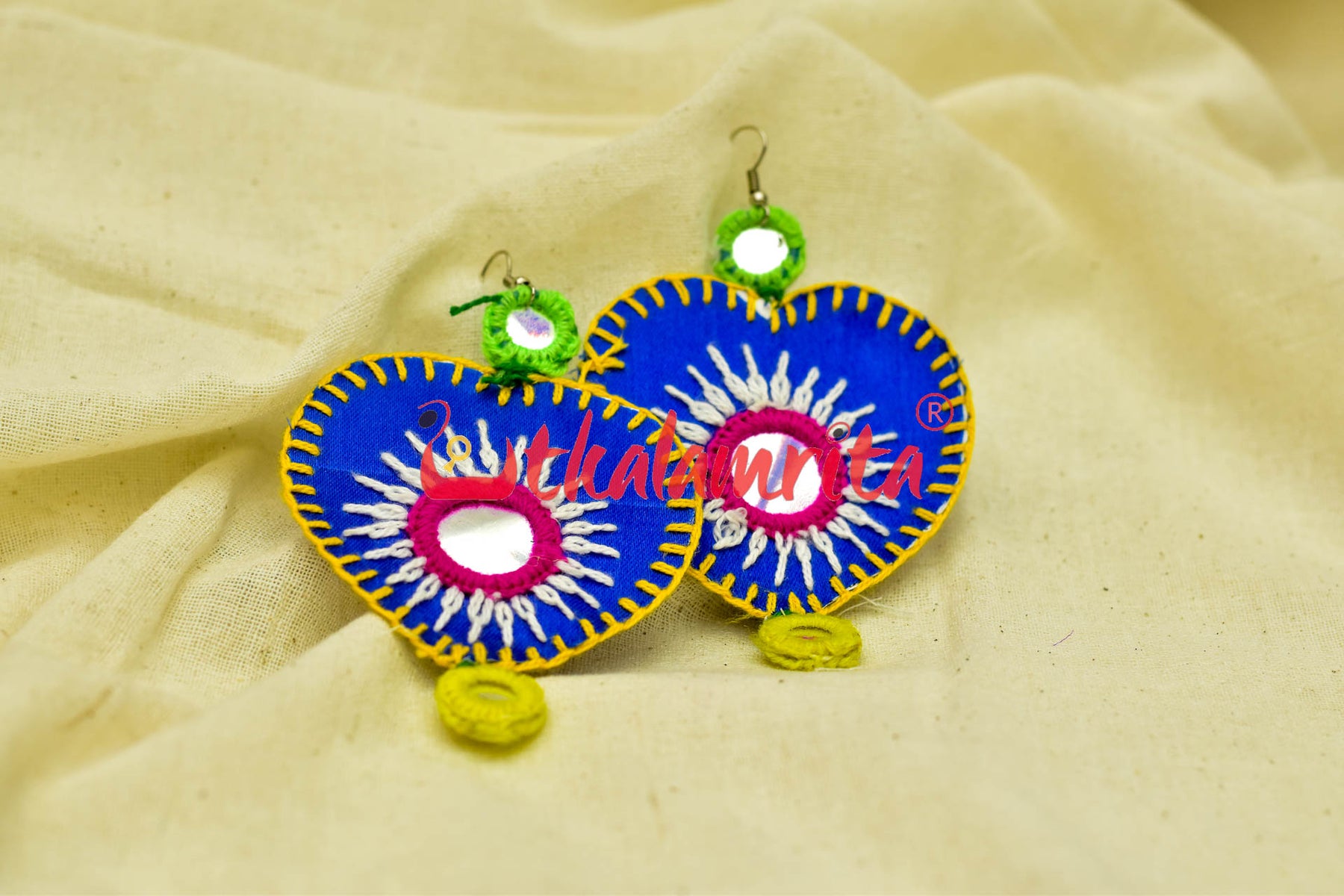 Blue Hearts Double Mirrors (Pipli applique danglers)