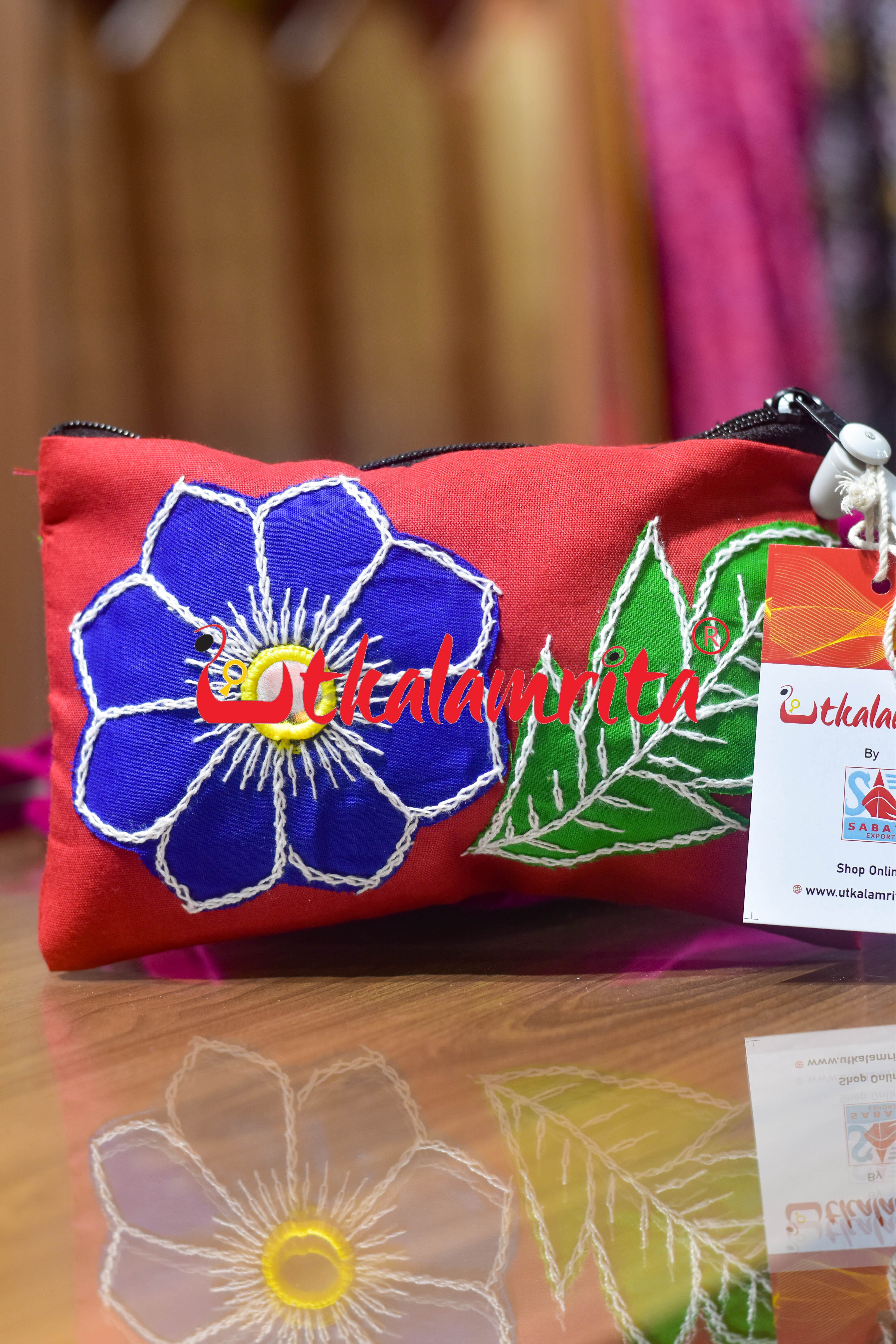 Red Blue Flower Leaf Pipli Applique Purse