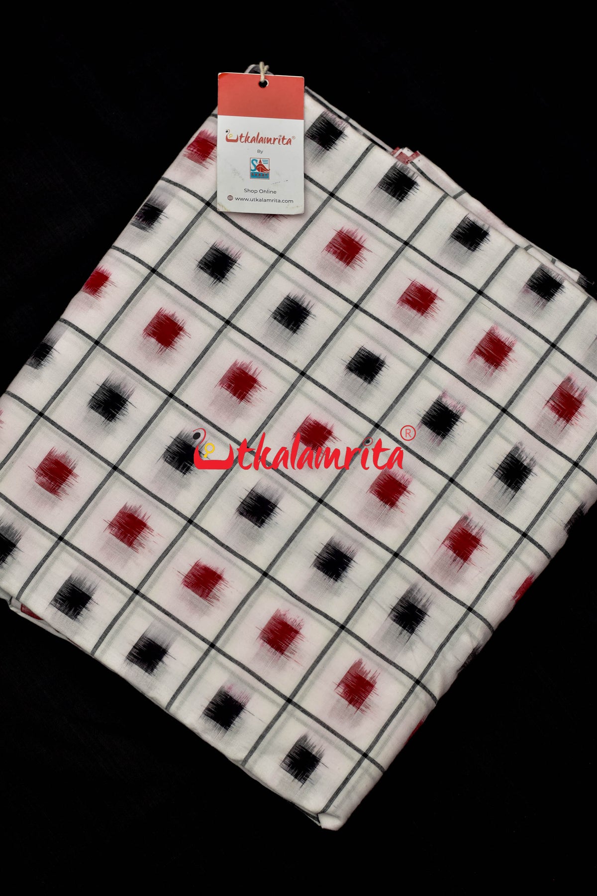 Double Ikat Kuthi Pasapali Red Black over White Base (Fabric)