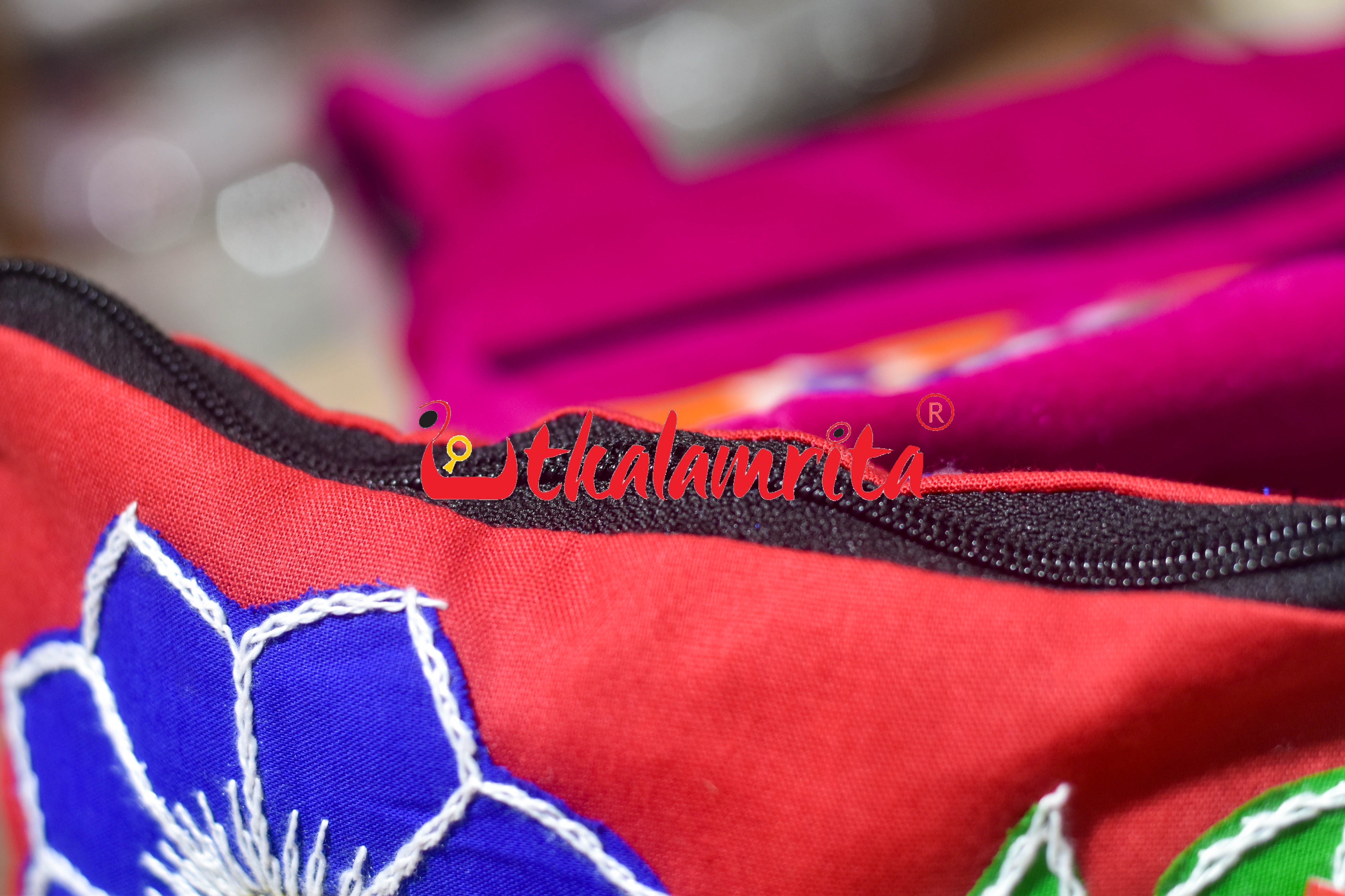 Red Blue Flower Leaf Pipli Applique Purse