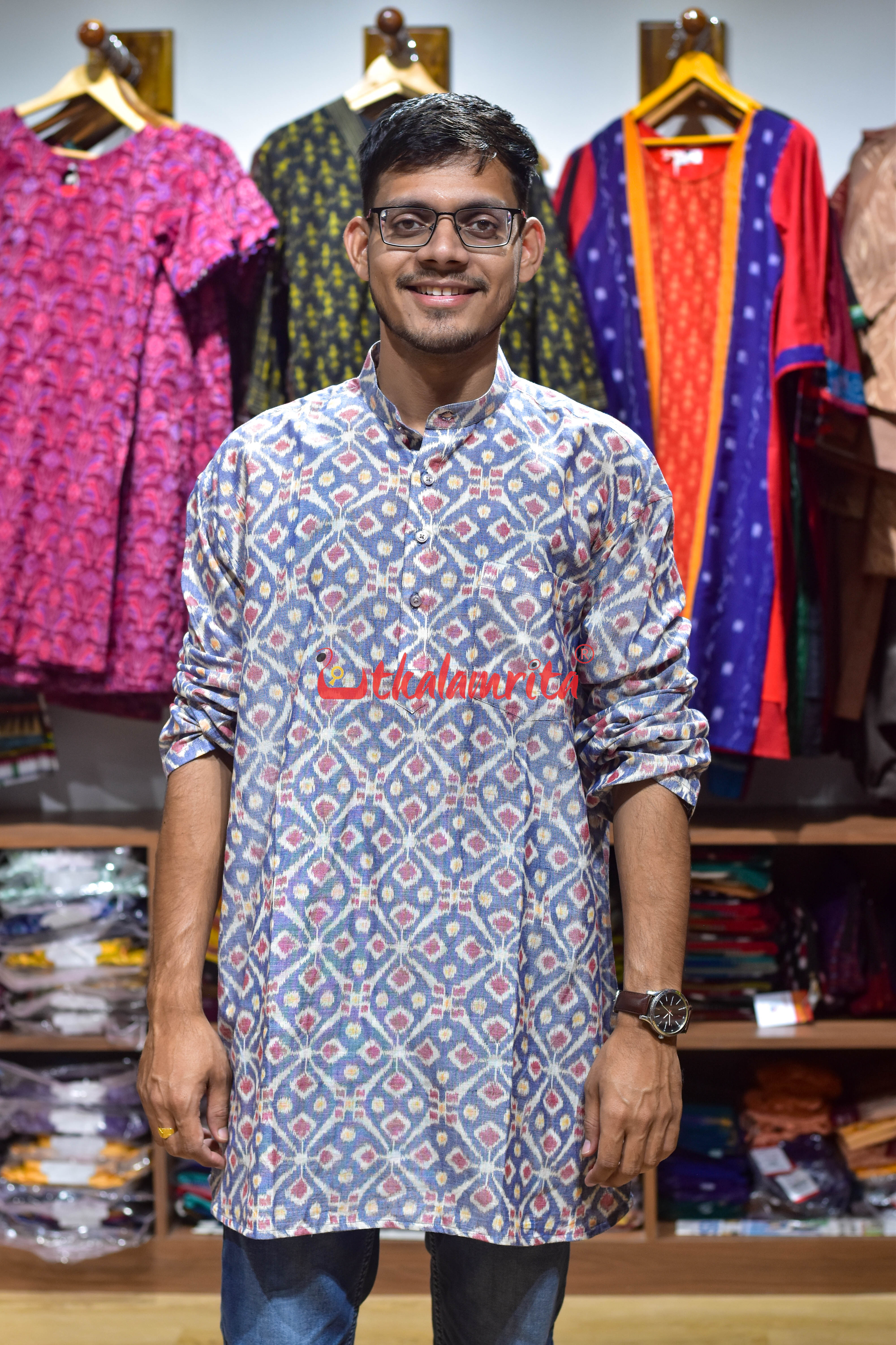 Grey Flower Fusion (Men's Short Kurta)