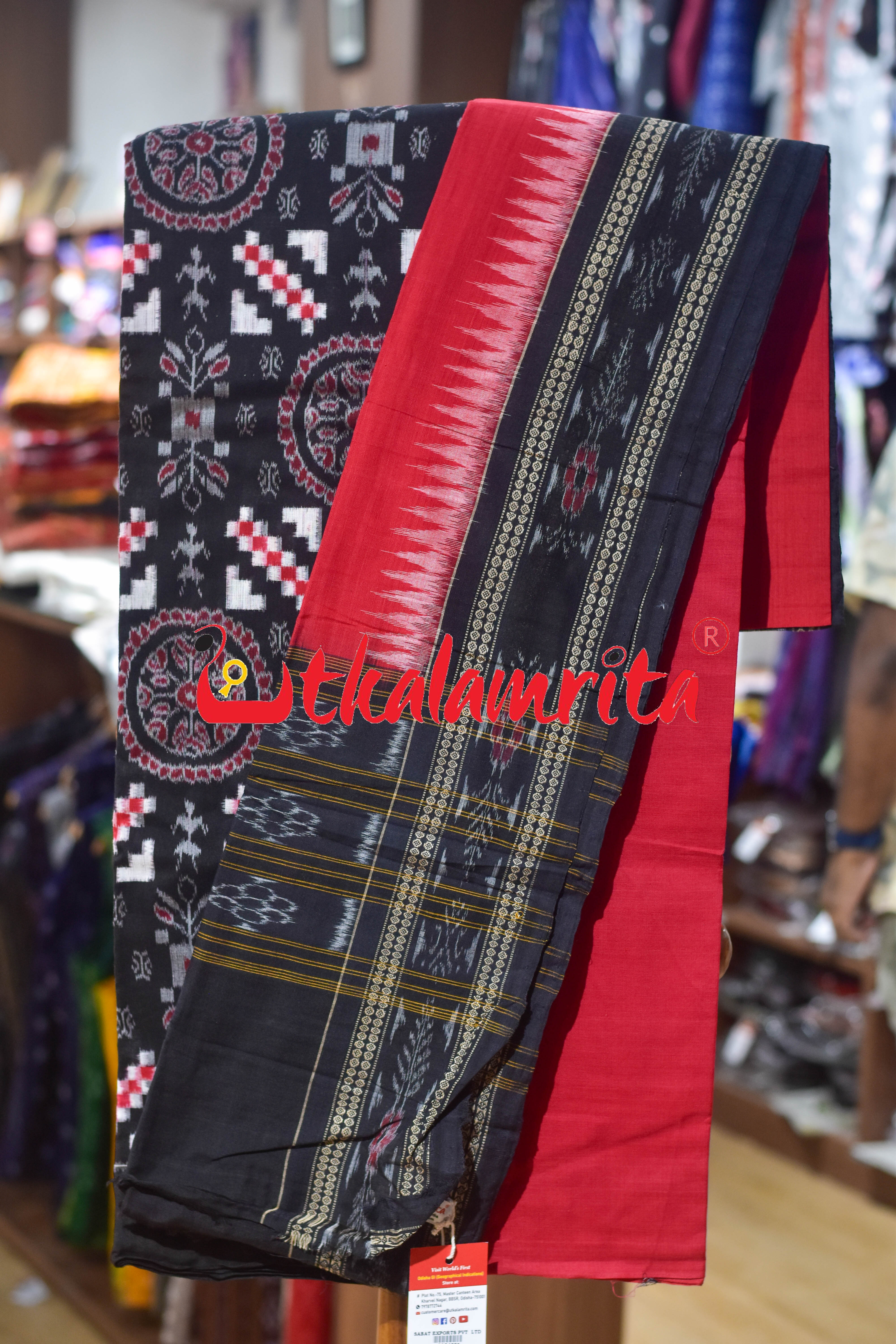 Black Red Jhoti Pasapali Sambalpuri Cotton Dress Set