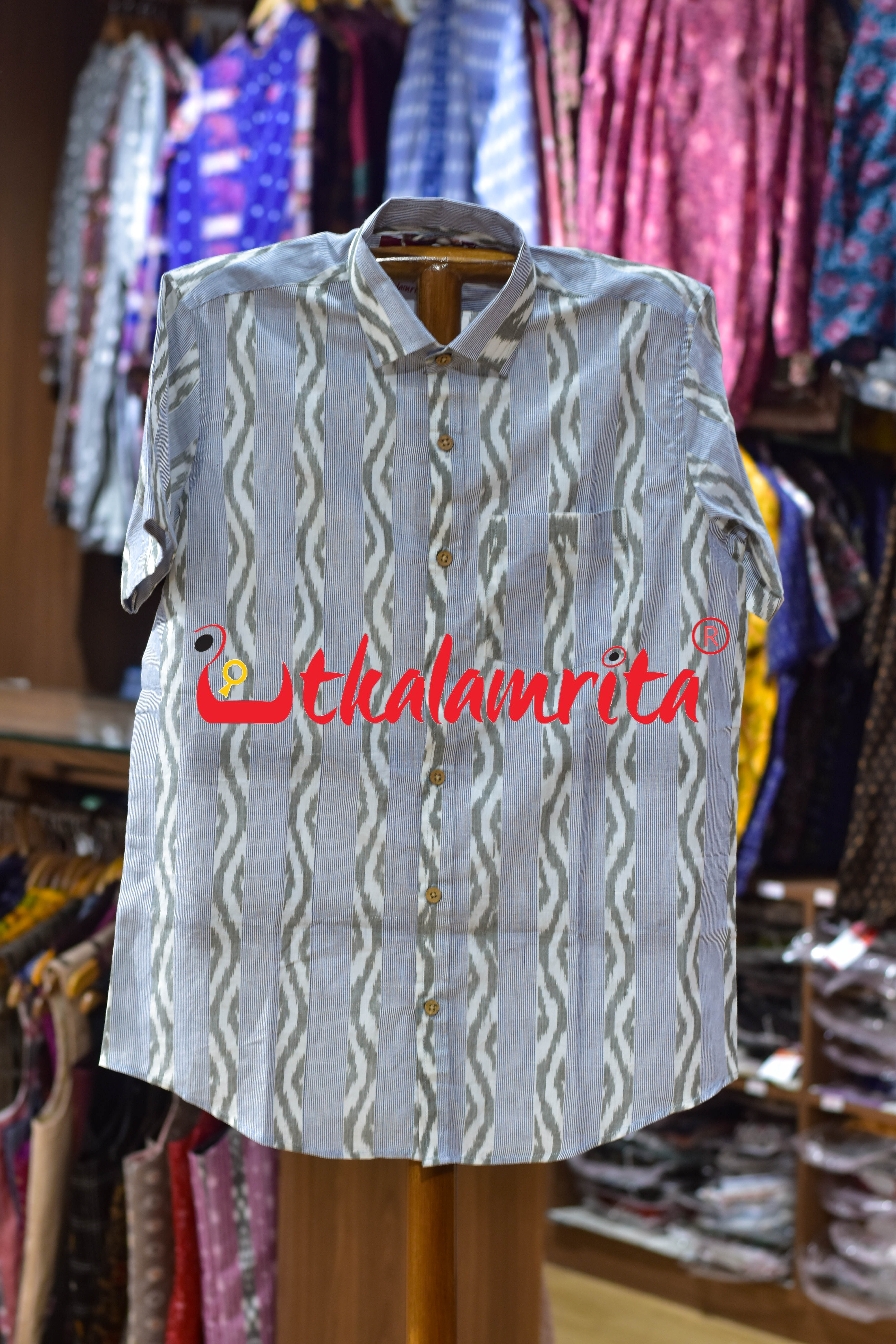 White Blue Lahari Lines Cotton (Men's Half Shirt)