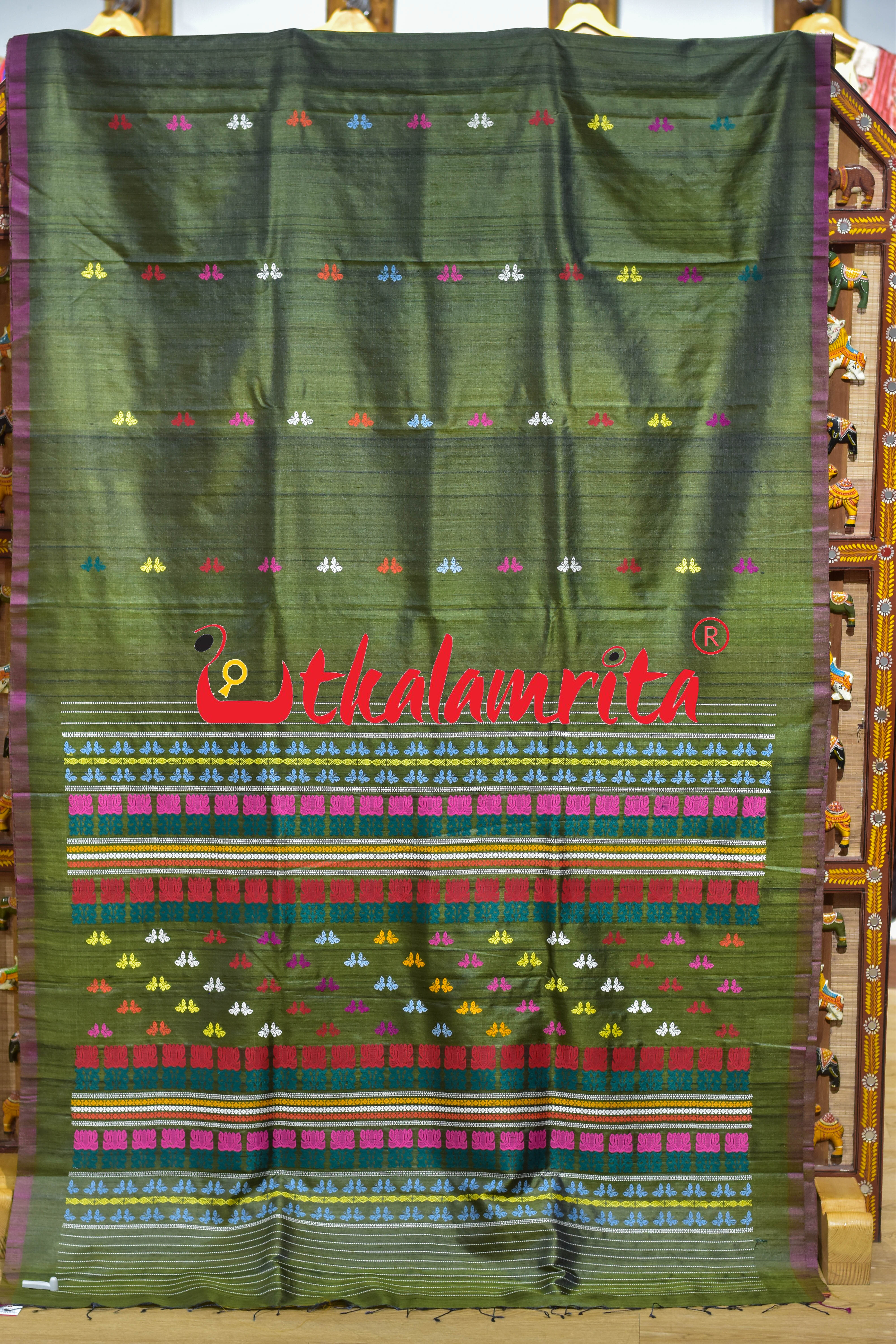 Mehndi Maroon Butterfly Jala Anchal Gopalpur Tussar Silk Saree