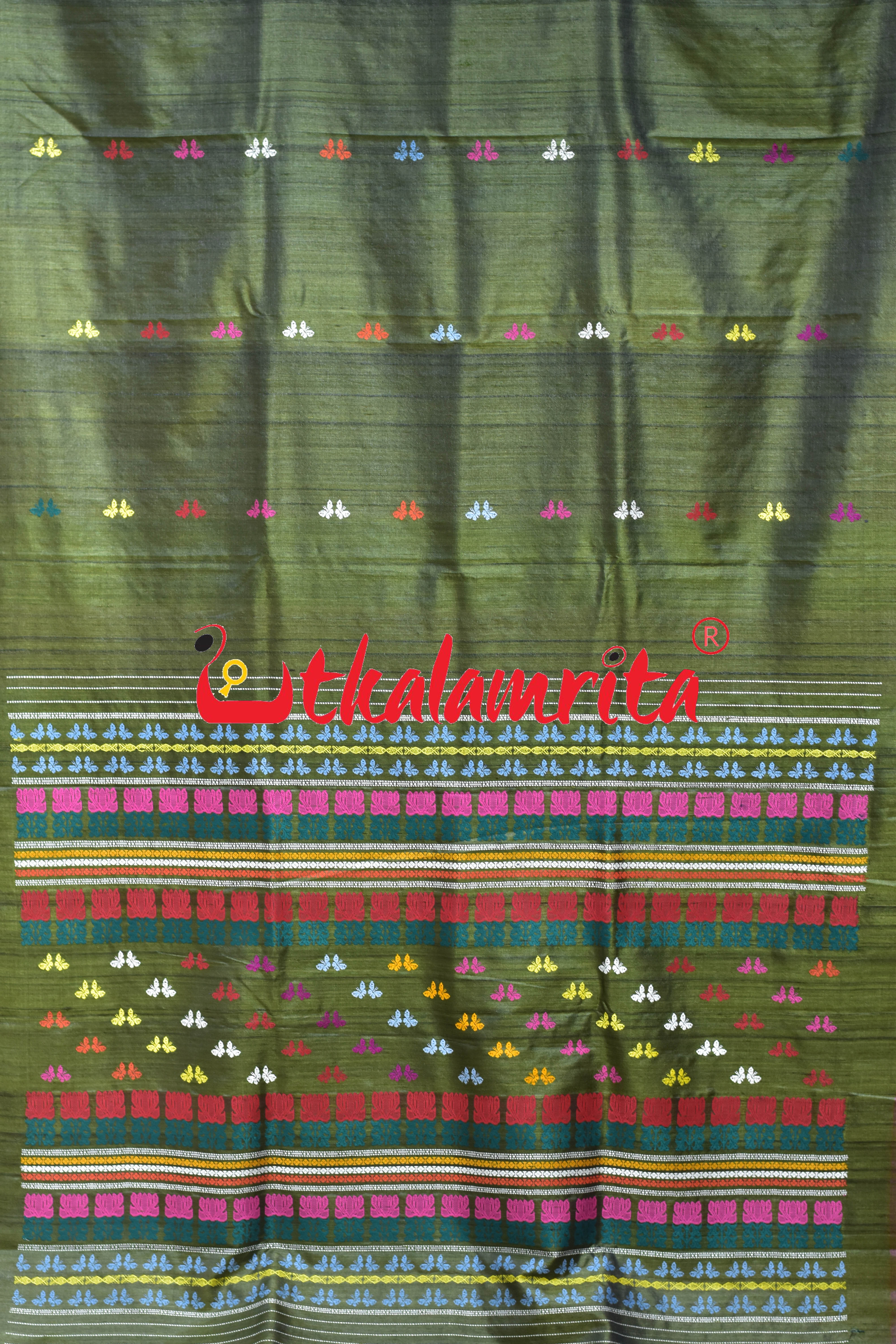 Mehndi Maroon Butterfly Jala Anchal Gopalpur Tussar Silk Saree