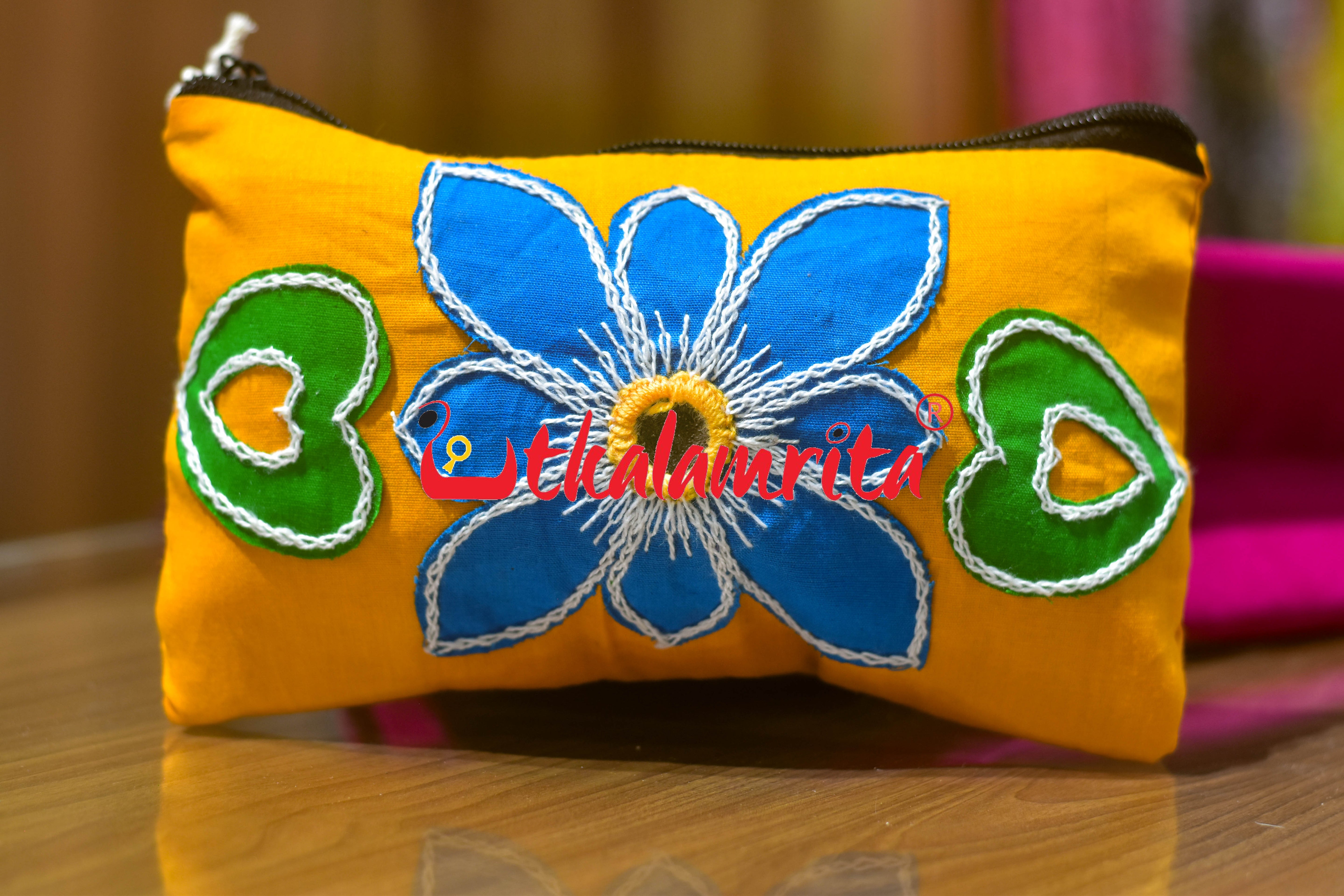 Yellow Green Parrot Pipli Applique Purse