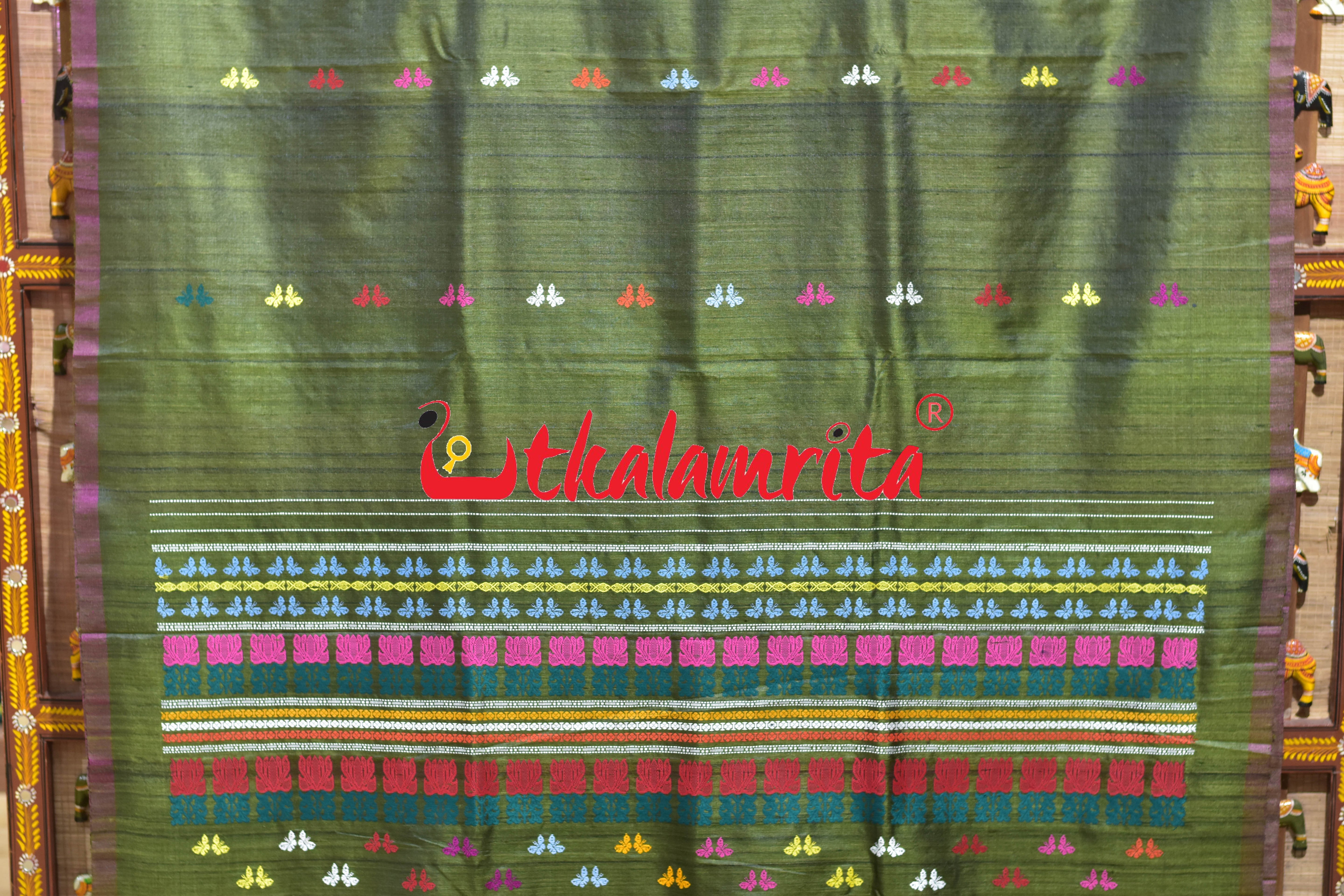 Mehndi Maroon Butterfly Jala Anchal Gopalpur Tussar Silk Saree