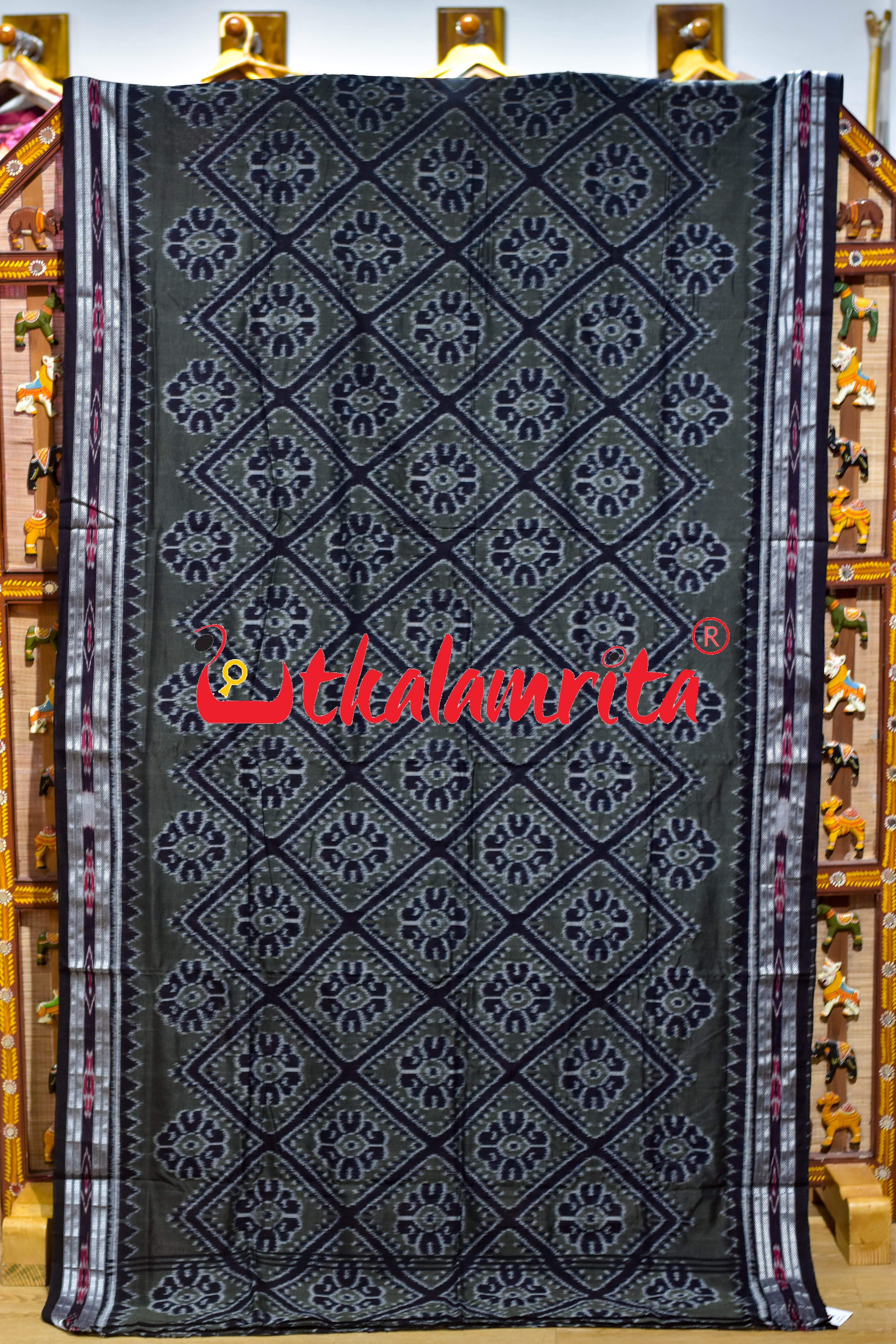 Olive Black Bada Phula Khandua Cotton Saree