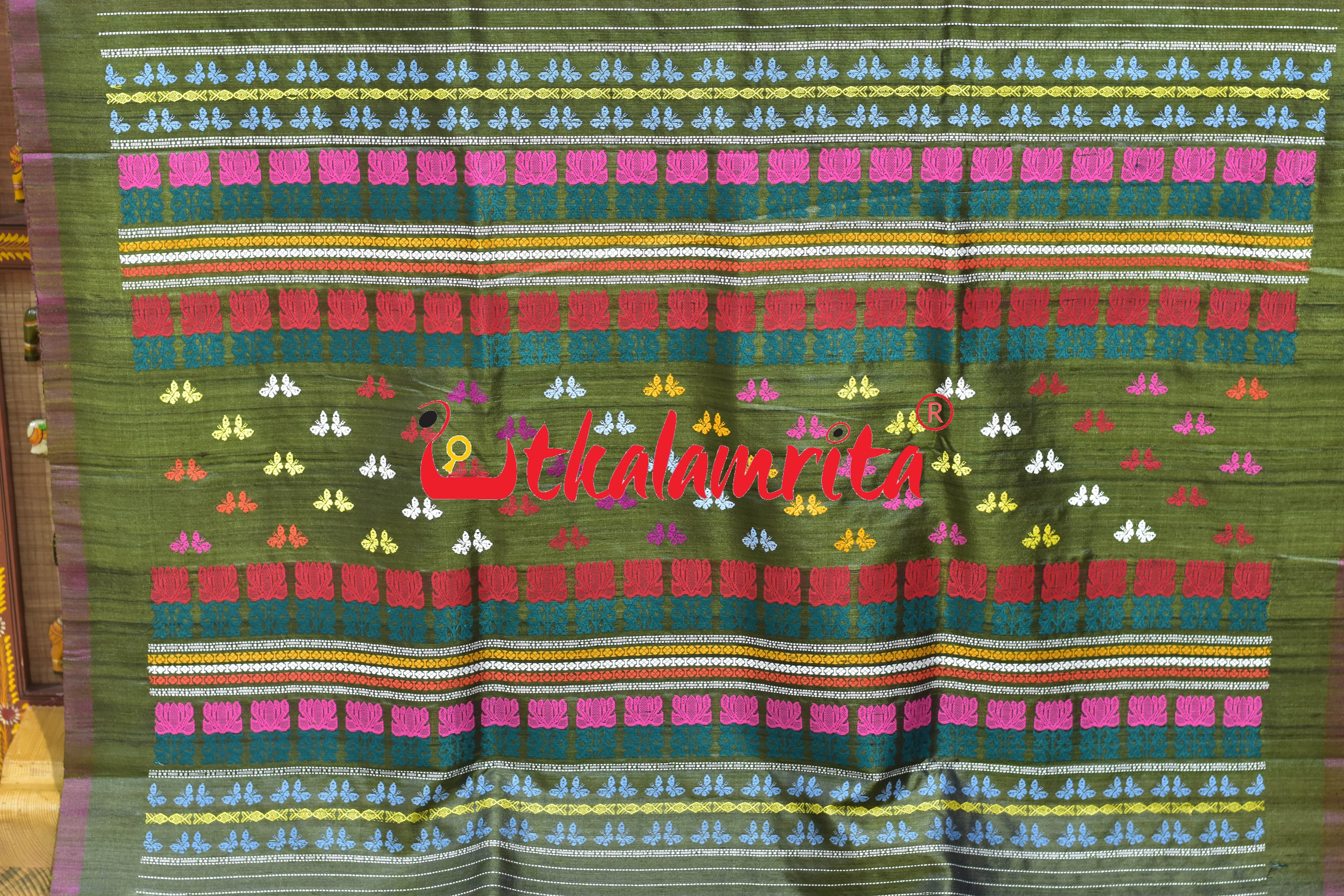 Mehndi Maroon Butterfly Jala Anchal Gopalpur Tussar Silk Saree