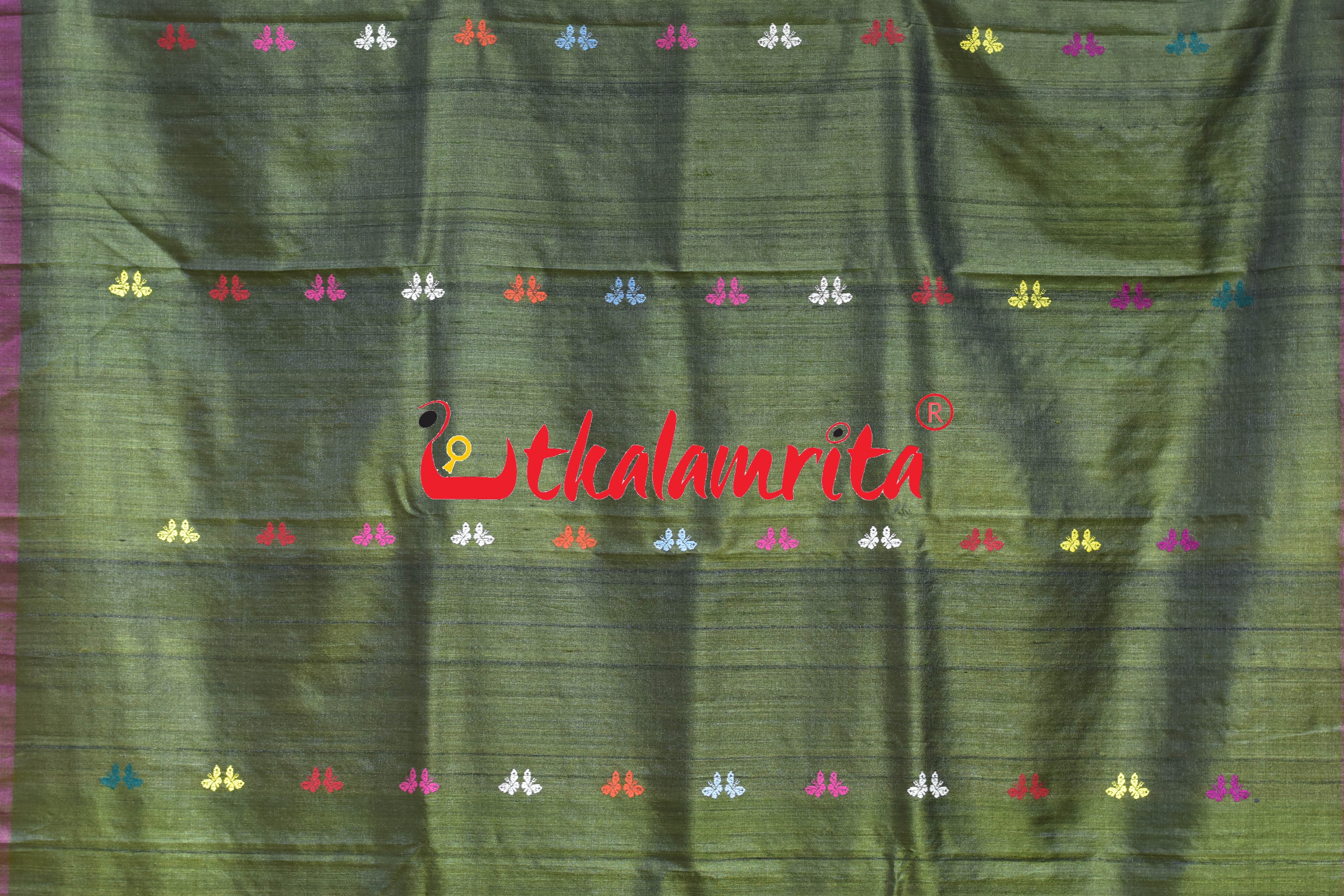 Mehndi Maroon Butterfly Jala Anchal Gopalpur Tussar Silk Saree