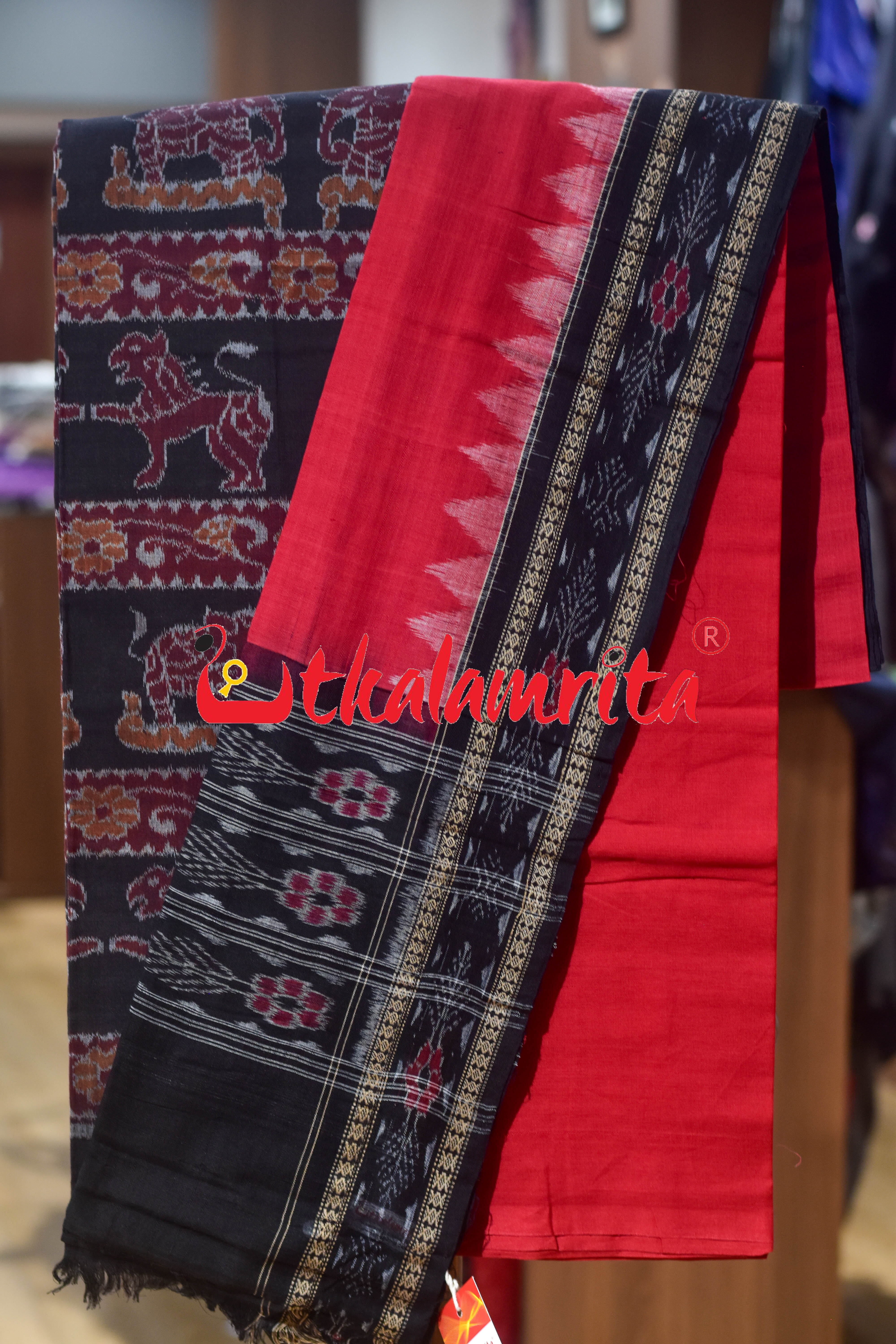 Black Red Hathi Singha Sambalpuri Cotton Dress Set