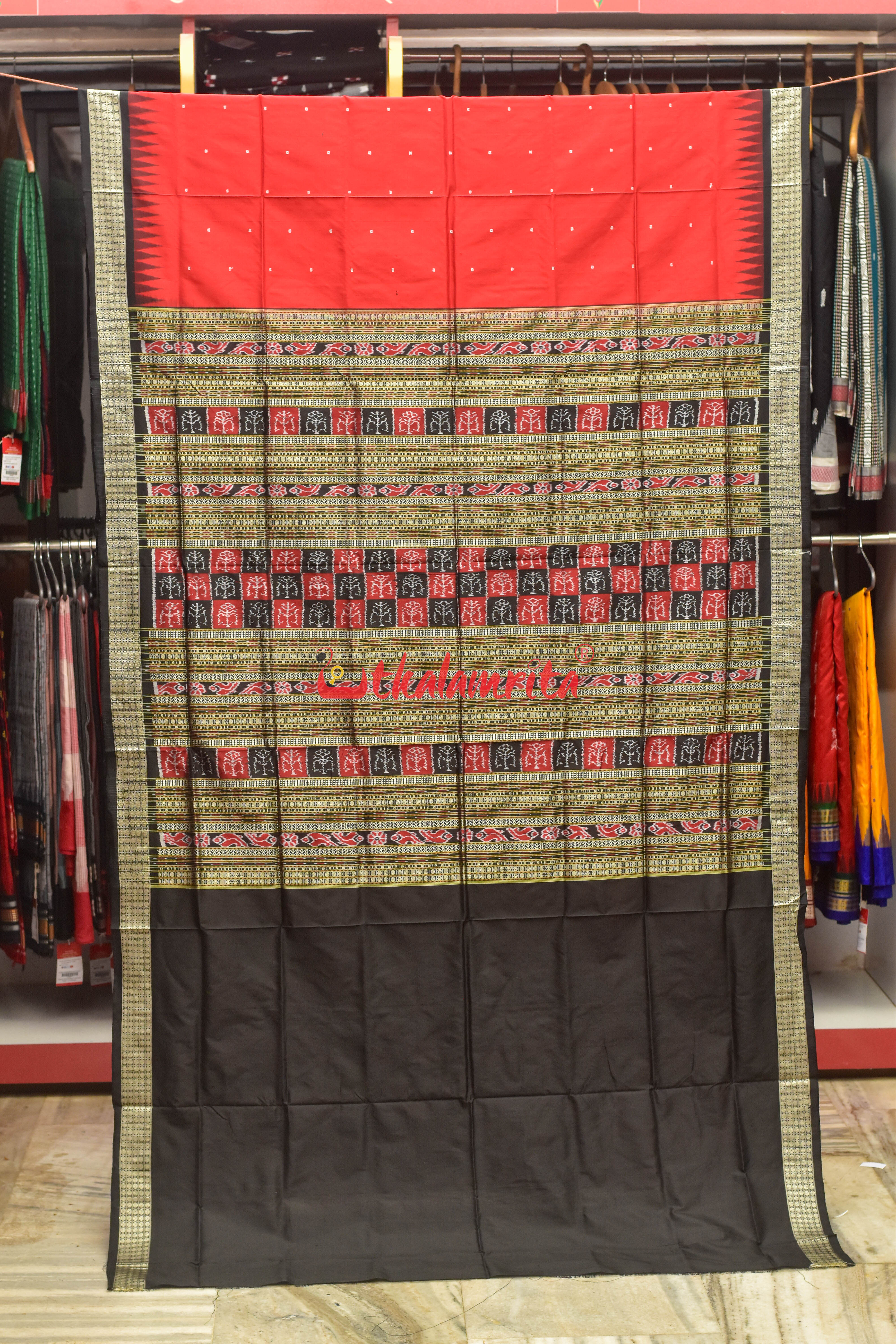 Red Plain Black Bomkai Silk Saree