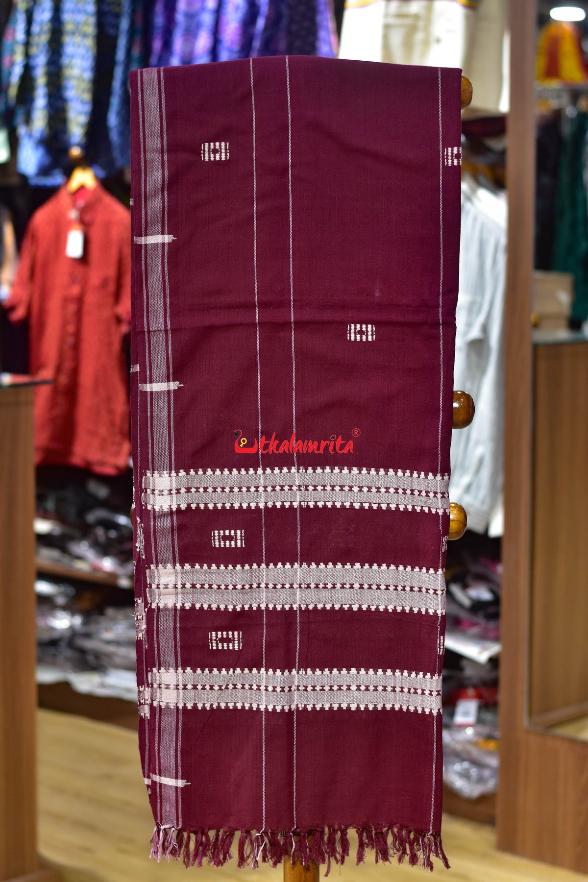 Maroon White Wide Stripes Buti Kotpad (Dupatta)