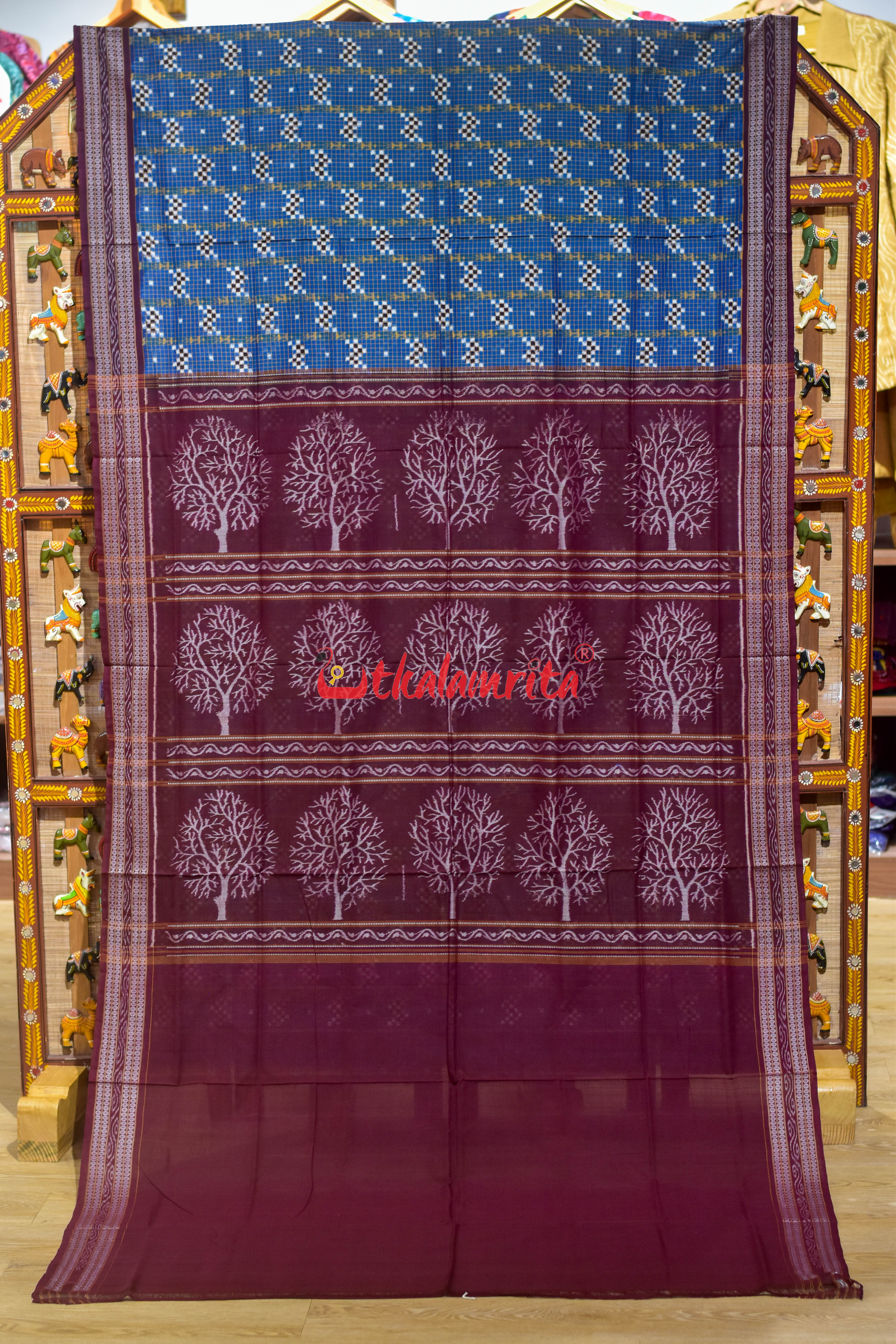 Deep Blue Check Pasapali Sambalpuri Cotton Saree