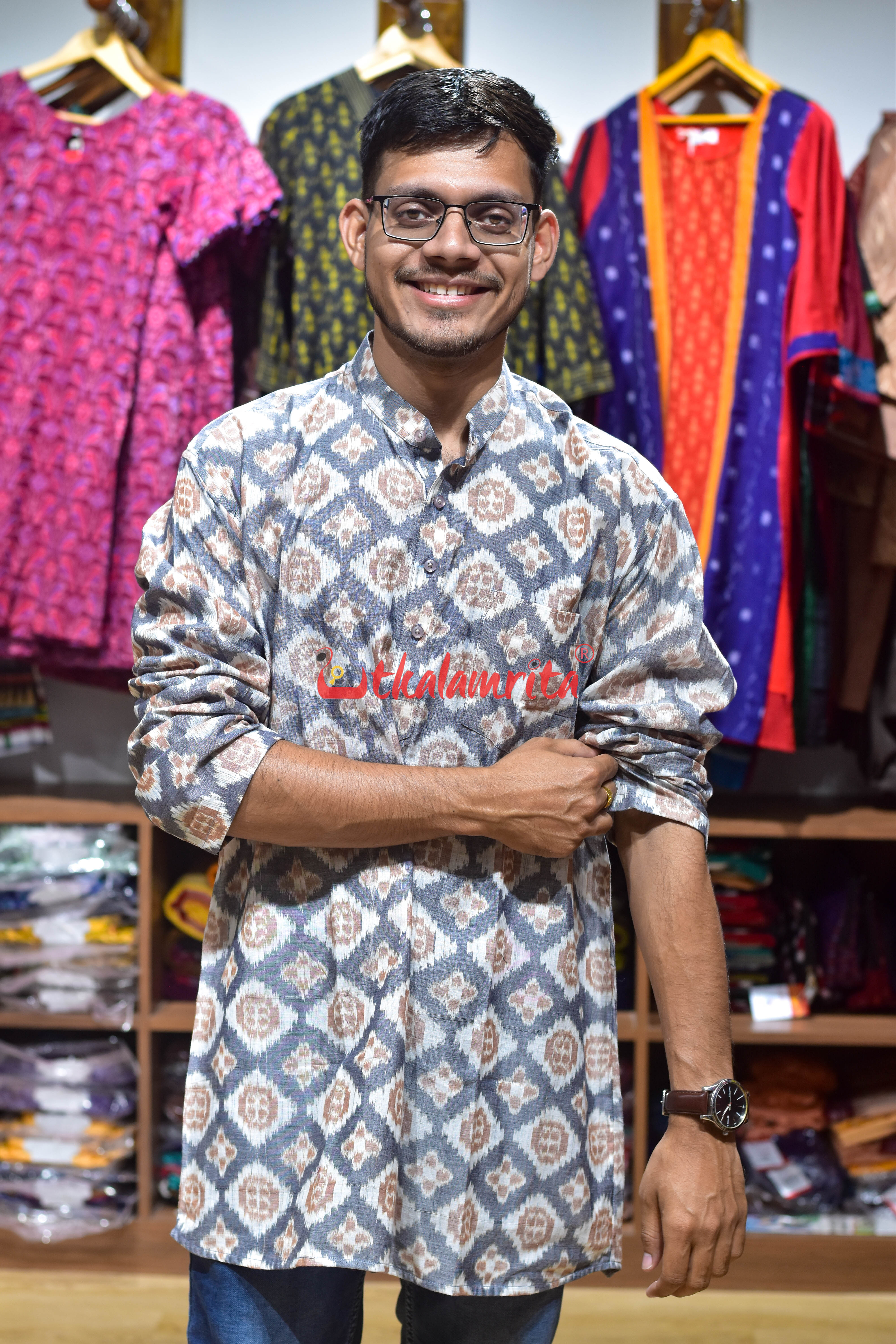 Grey Flower Pasapali (Men's Short Kurta)