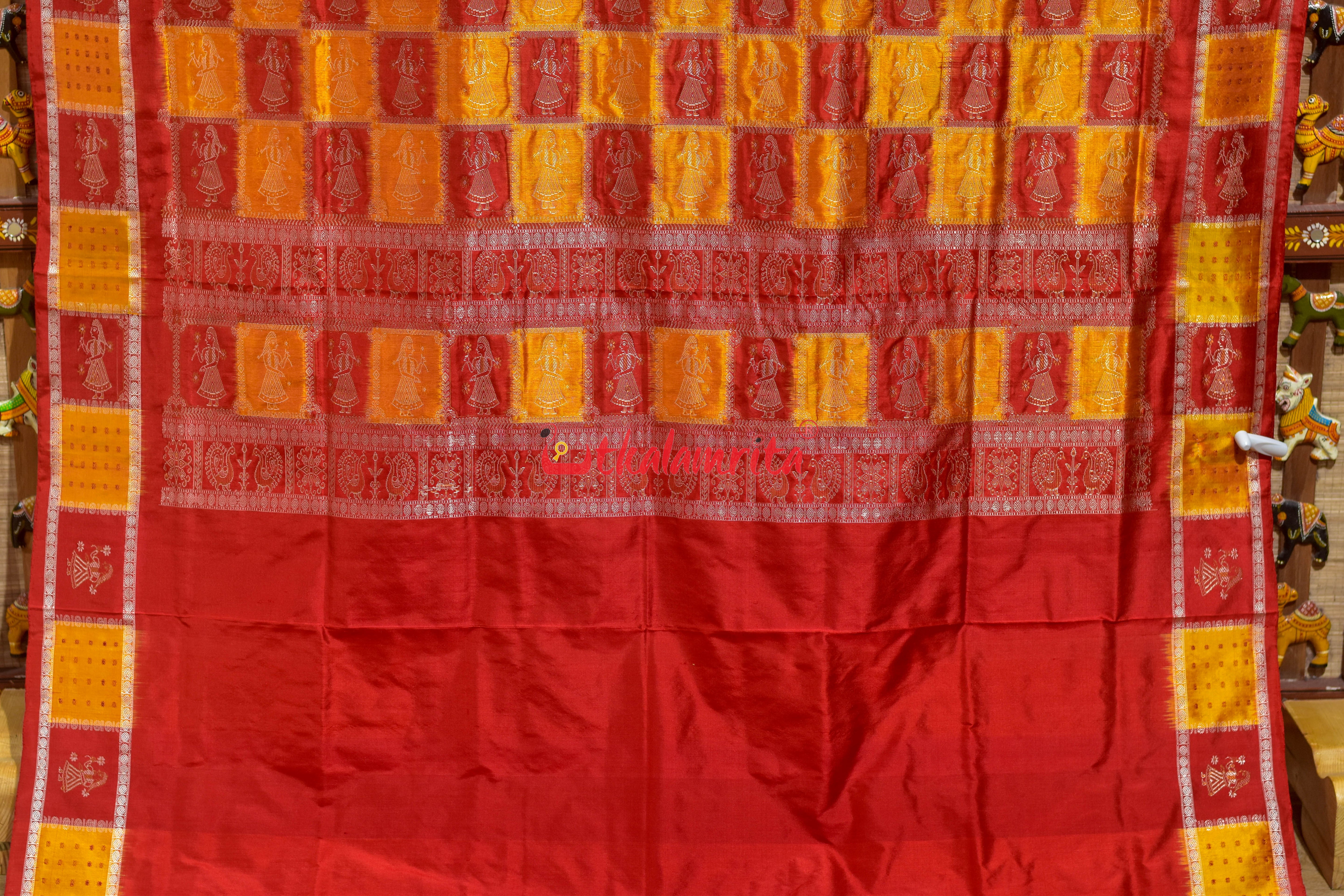 Yellow Red Doll Border Bomkai Silk Saree