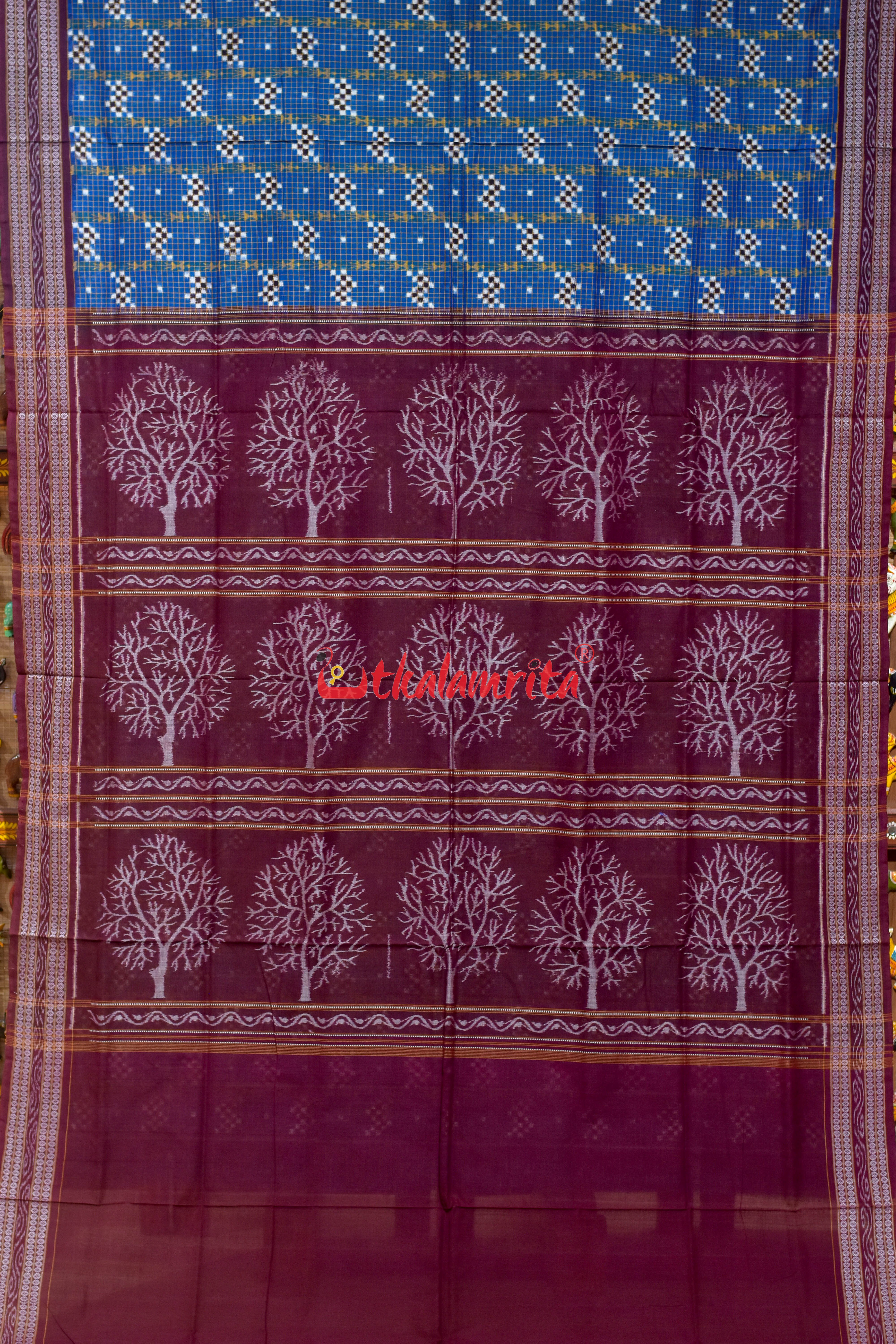 Deep Blue Check Pasapali Sambalpuri Cotton Saree