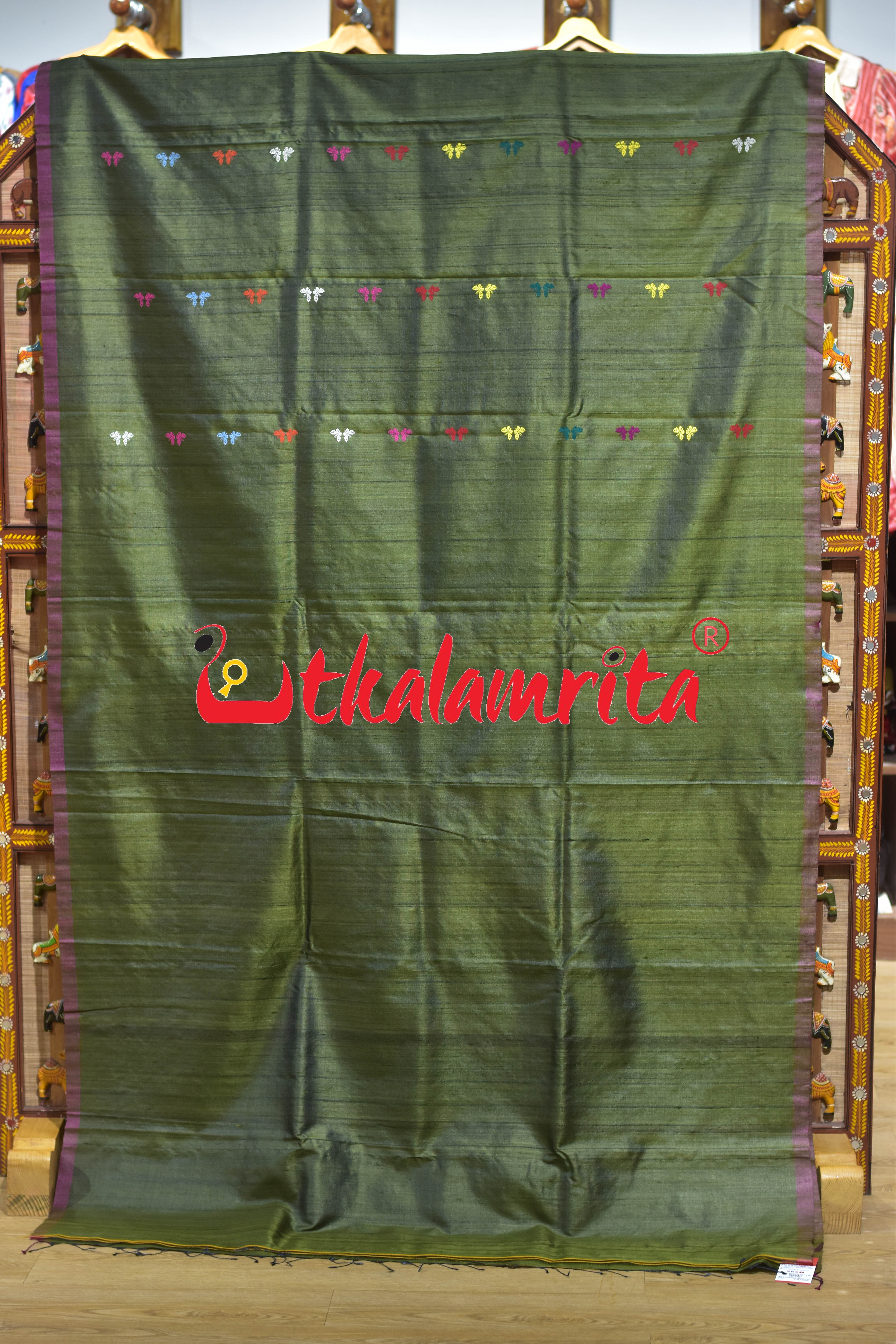 Mehndi Maroon Butterfly Jala Anchal Gopalpur Tussar Silk Saree