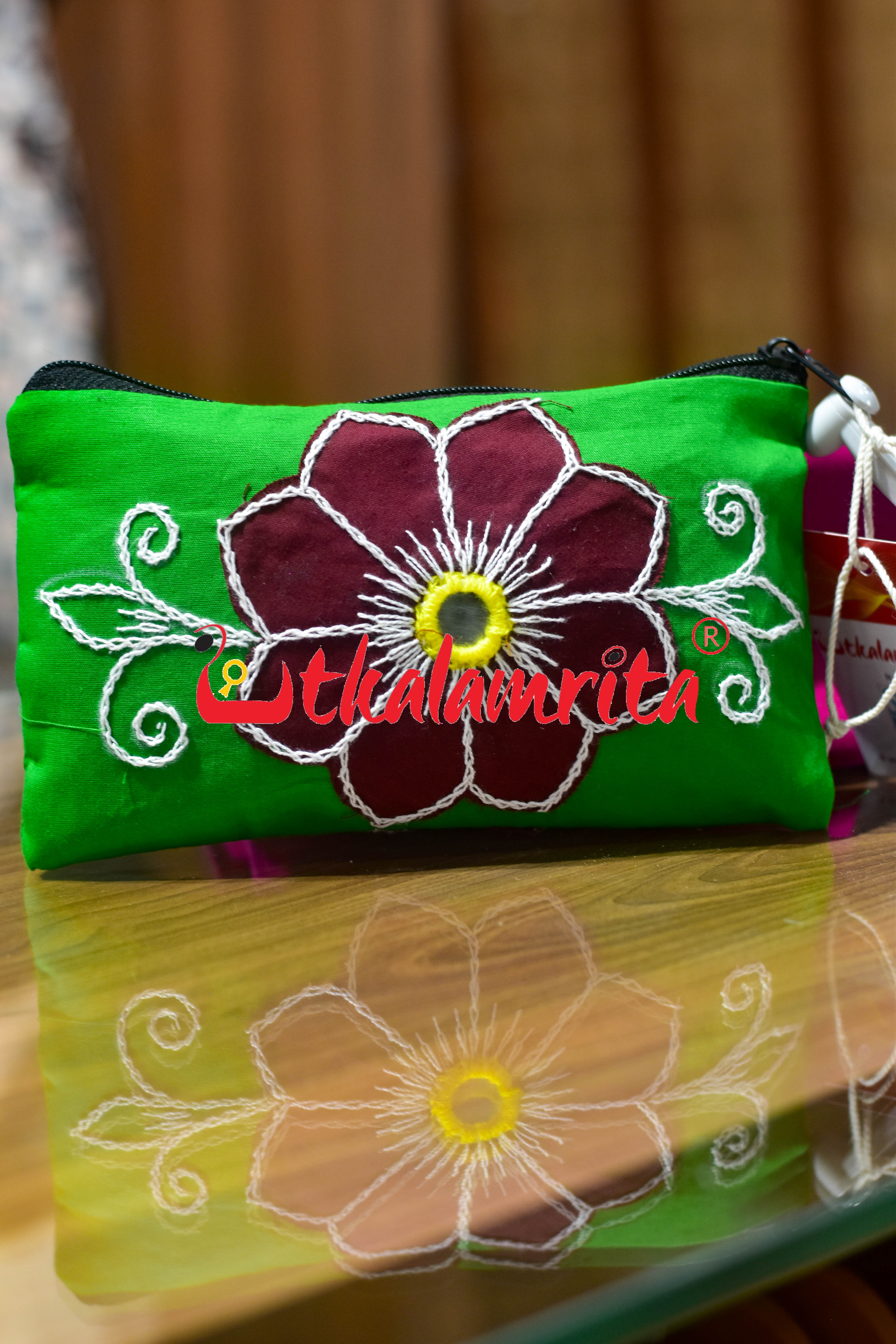 Green Maroon Single Flower Pipli Applique Purse