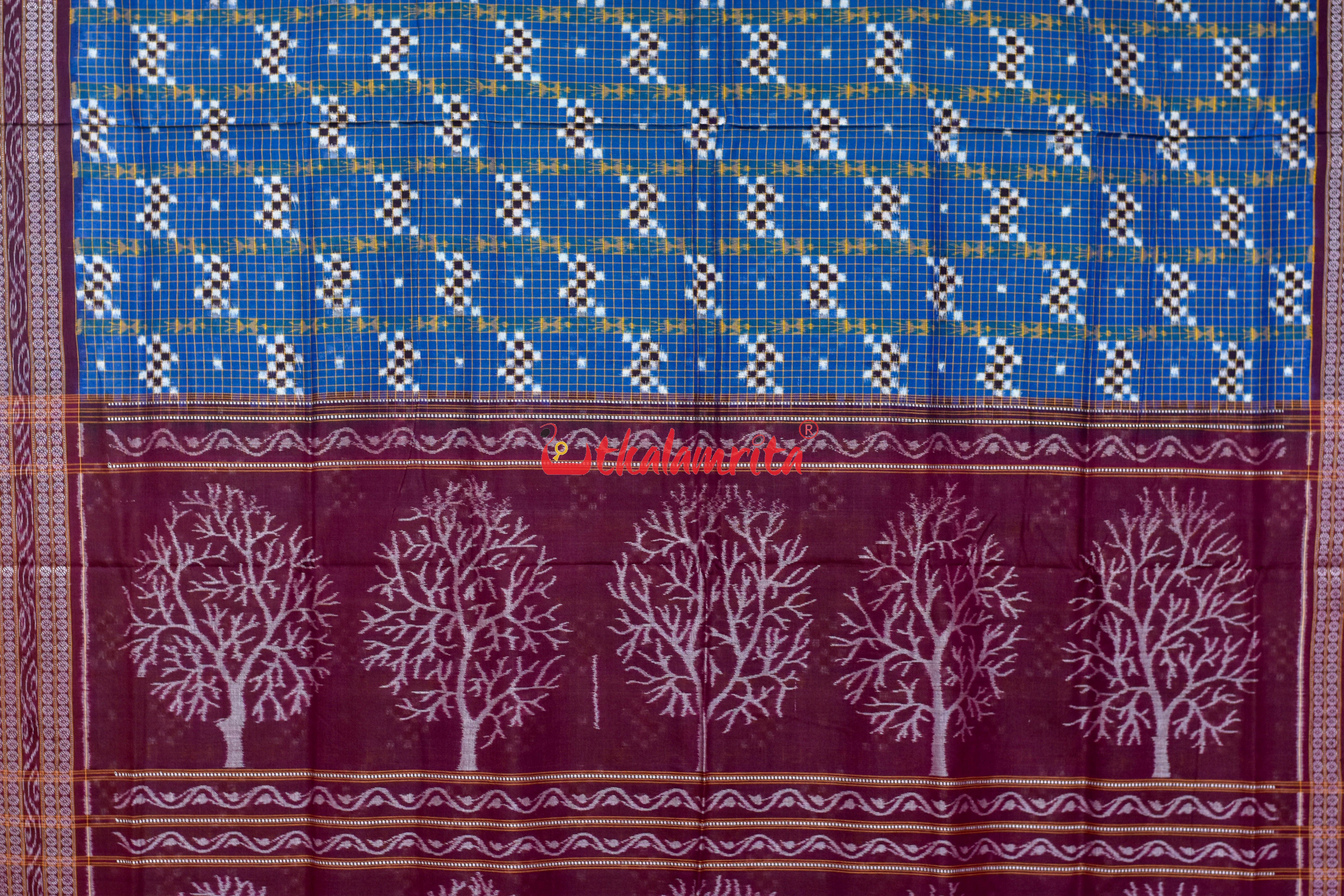 Deep Blue Check Pasapali Sambalpuri Cotton Saree