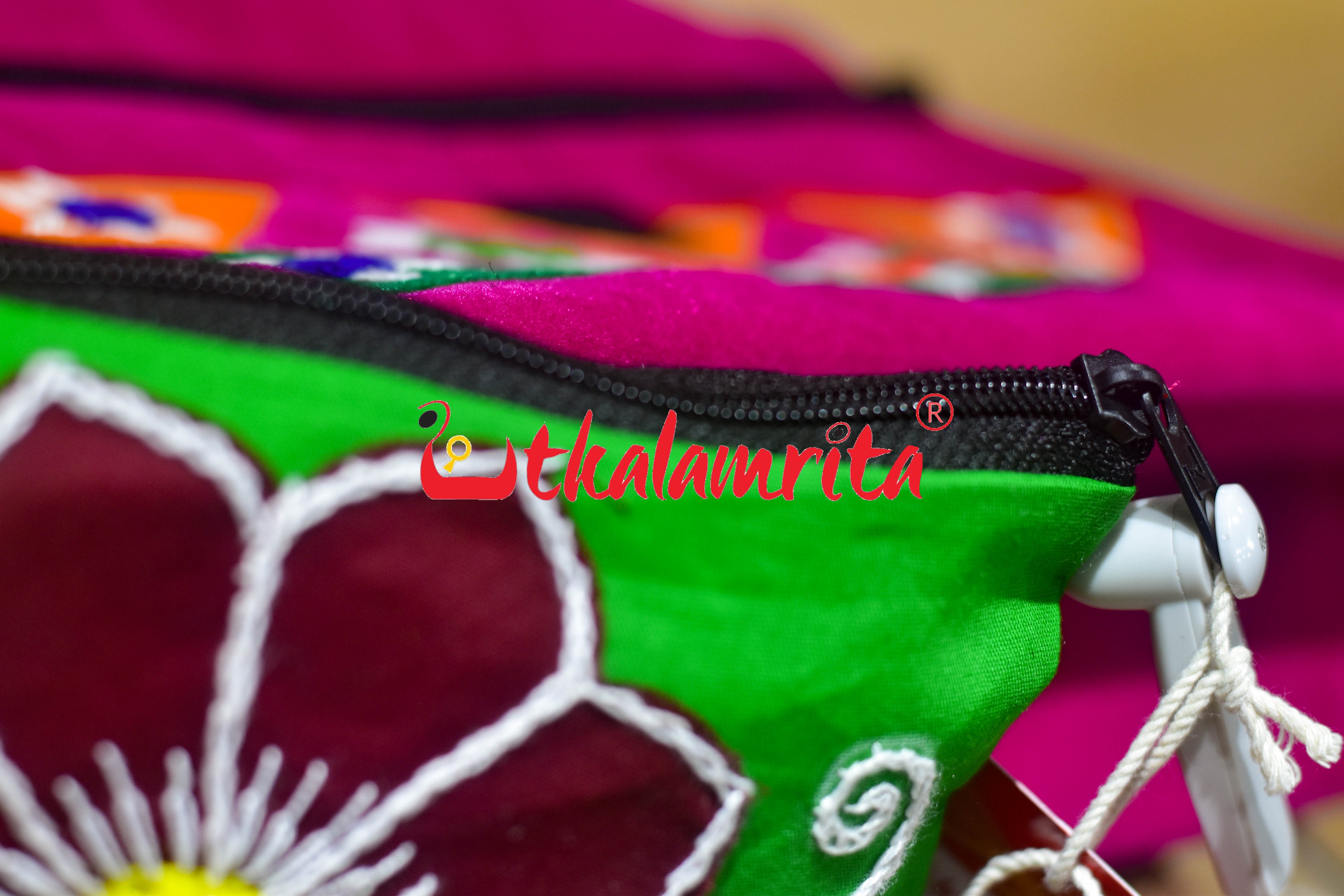 Green Maroon Single Flower Pipli Applique Purse