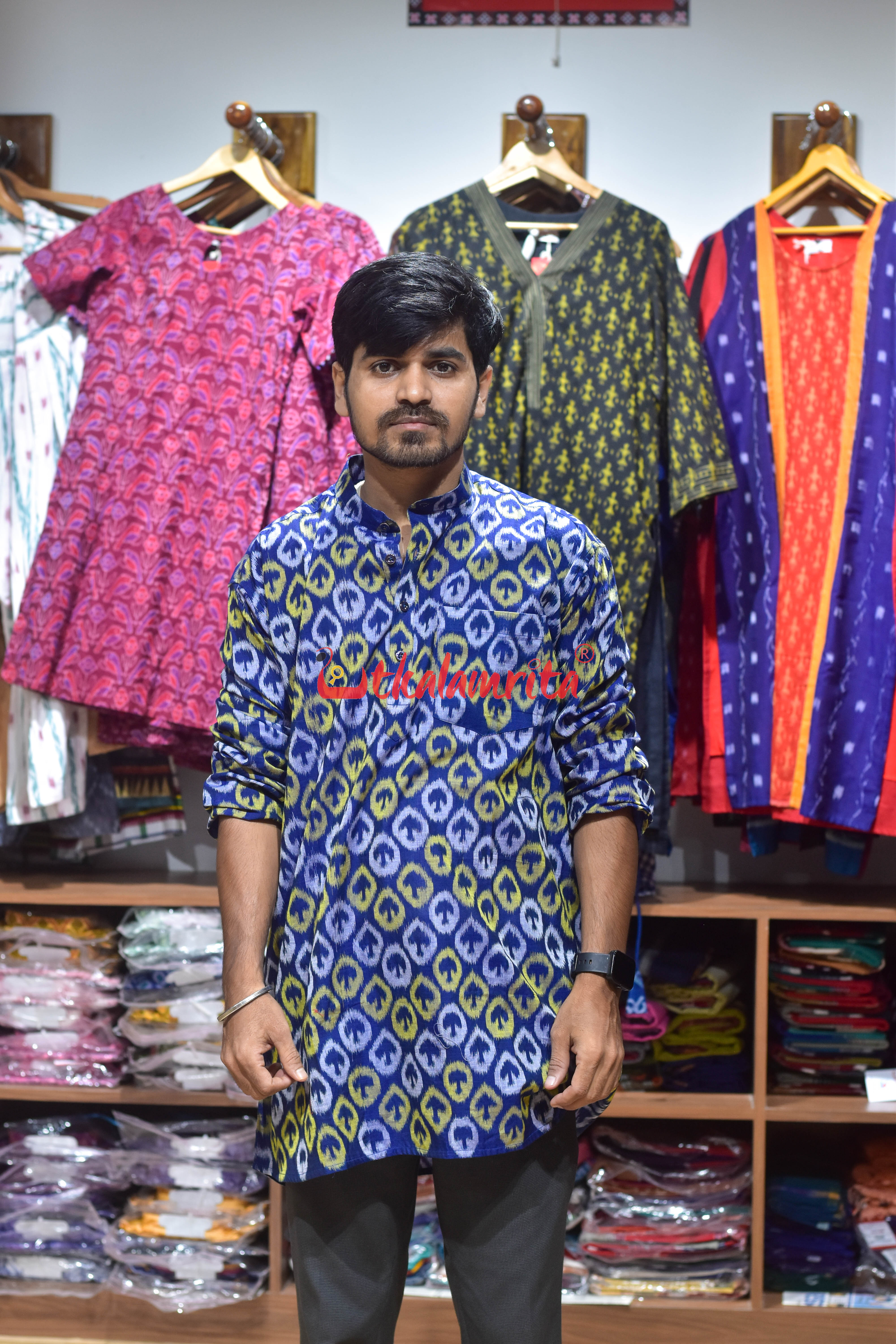 Yellow Silver Chaatu on Blue (Men's Short Kurta)