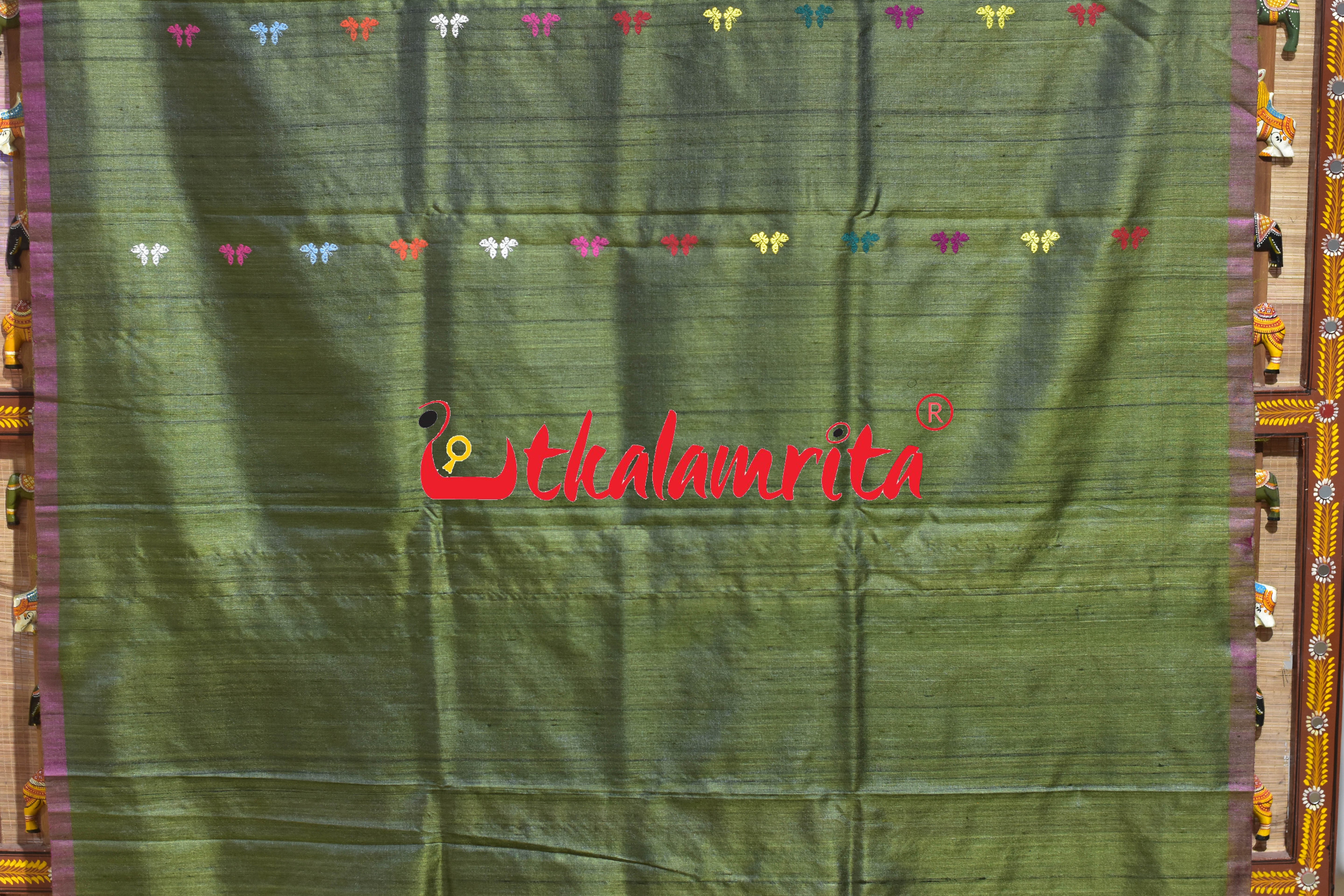 Mehndi Maroon Butterfly Jala Anchal Gopalpur Tussar Silk Saree