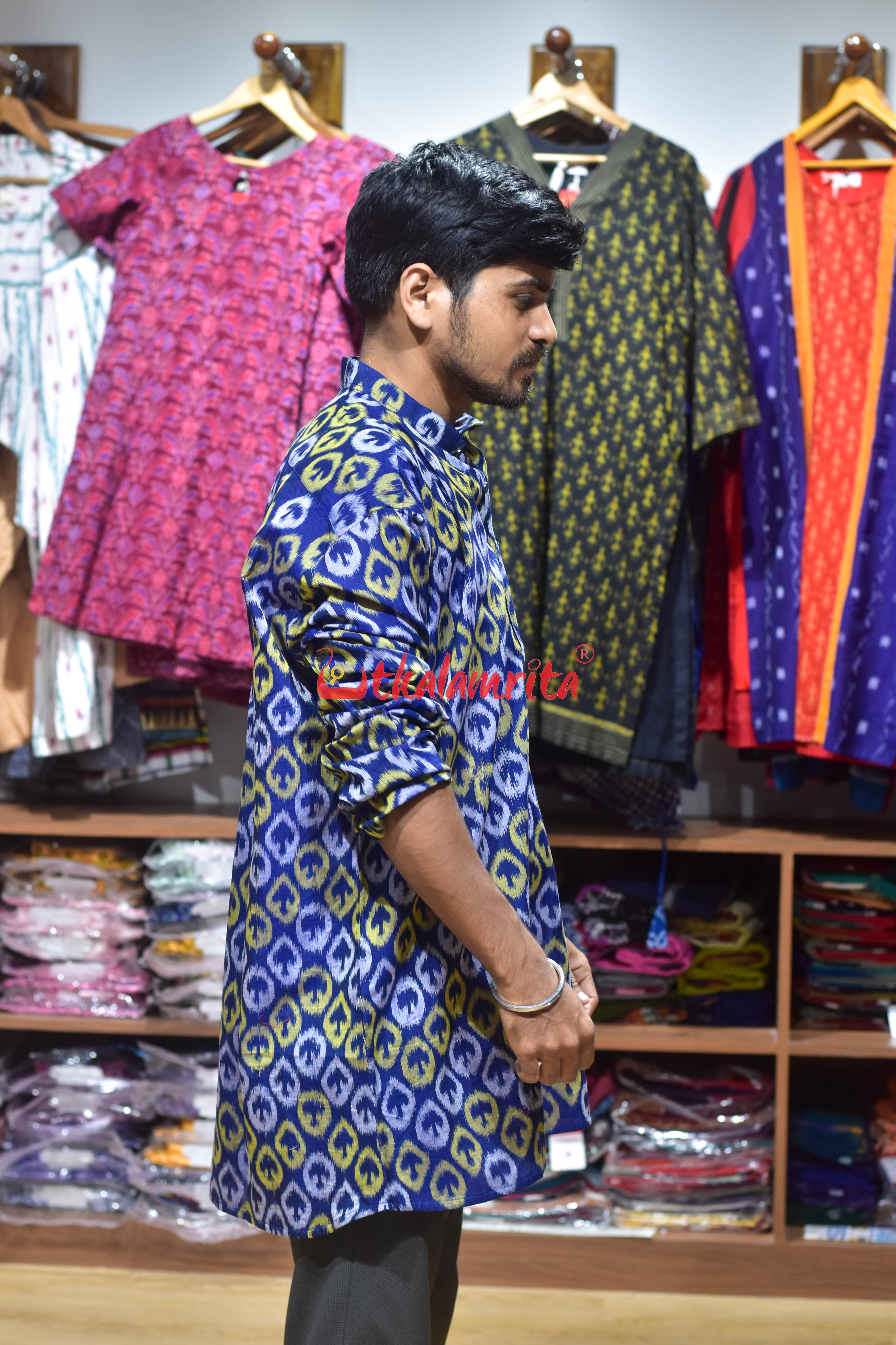 Yellow Silver Chaatu on Blue (Men's Short Kurta)