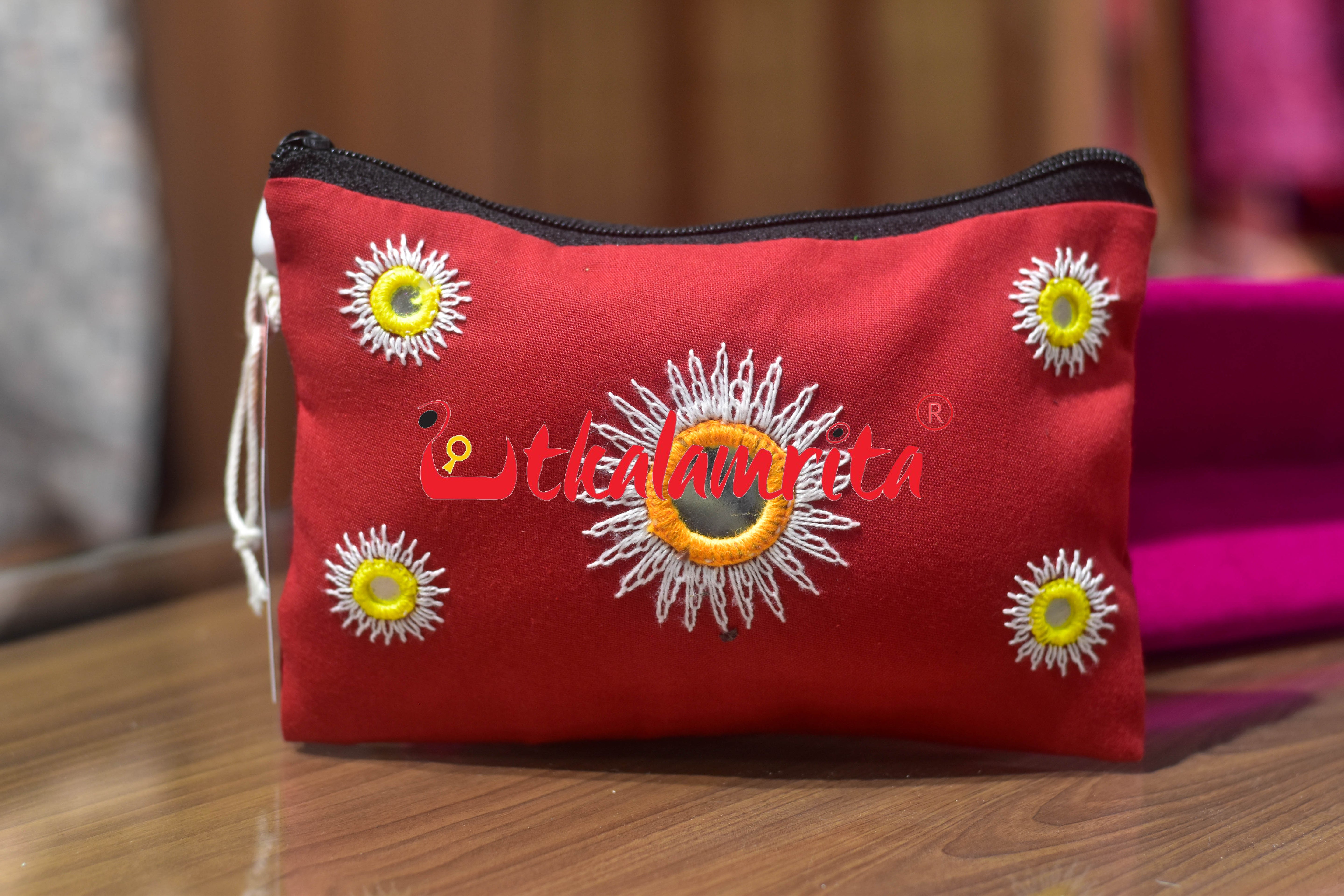 Red Mirror Work Pipli Applique Purse