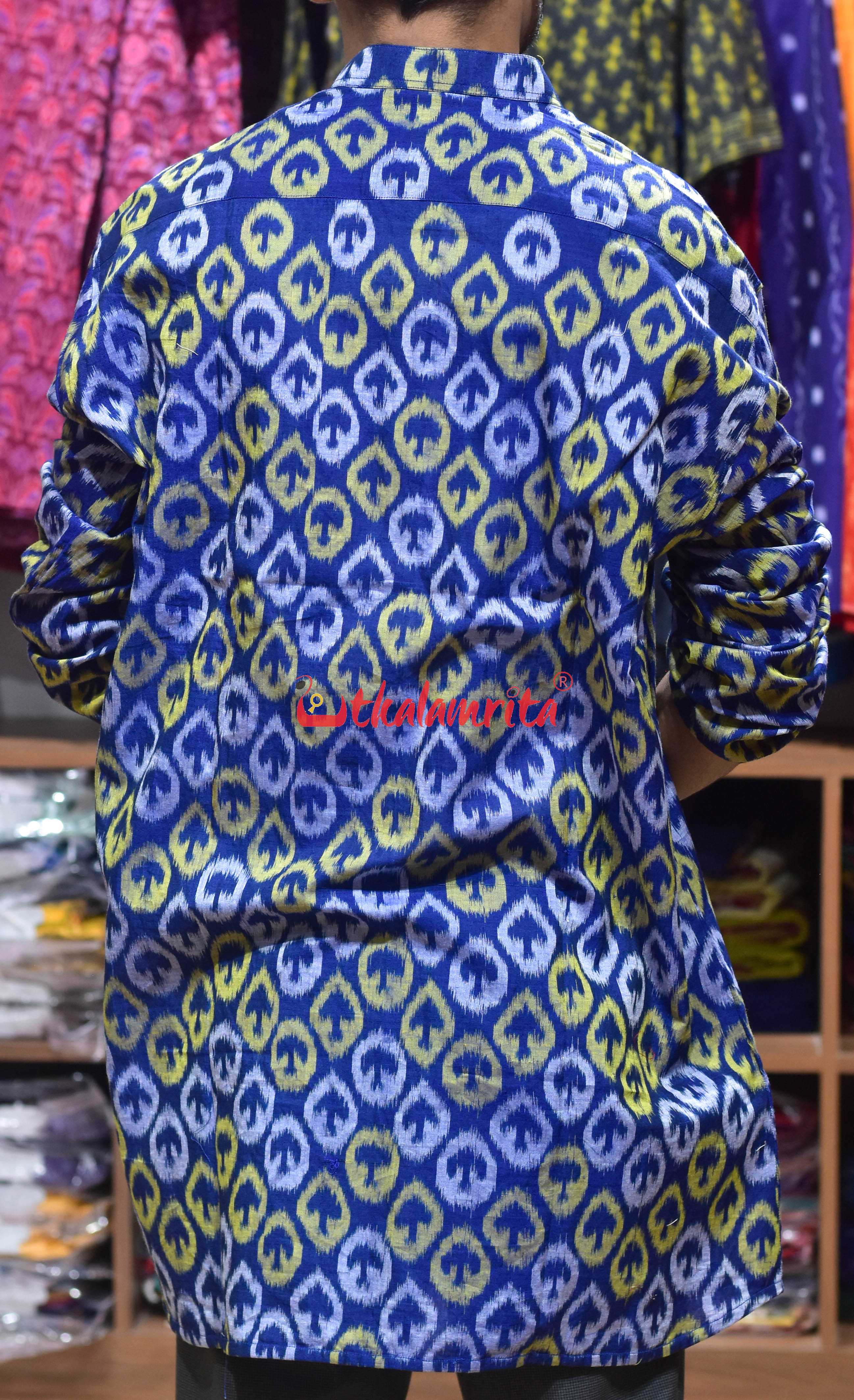 Yellow Silver Chaatu on Blue (Men's Short Kurta)