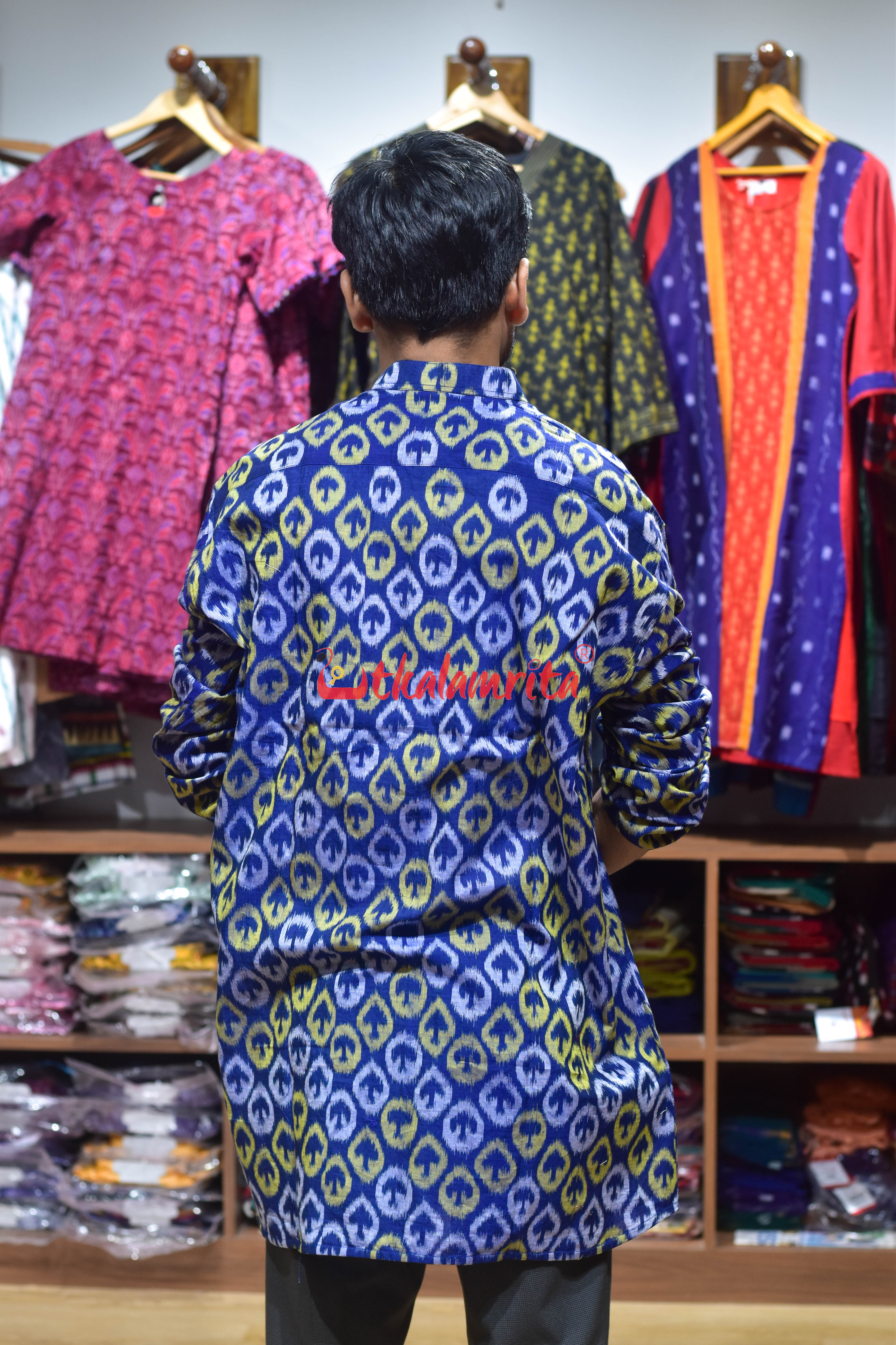 Yellow Silver Chaatu on Blue (Men's Short Kurta)