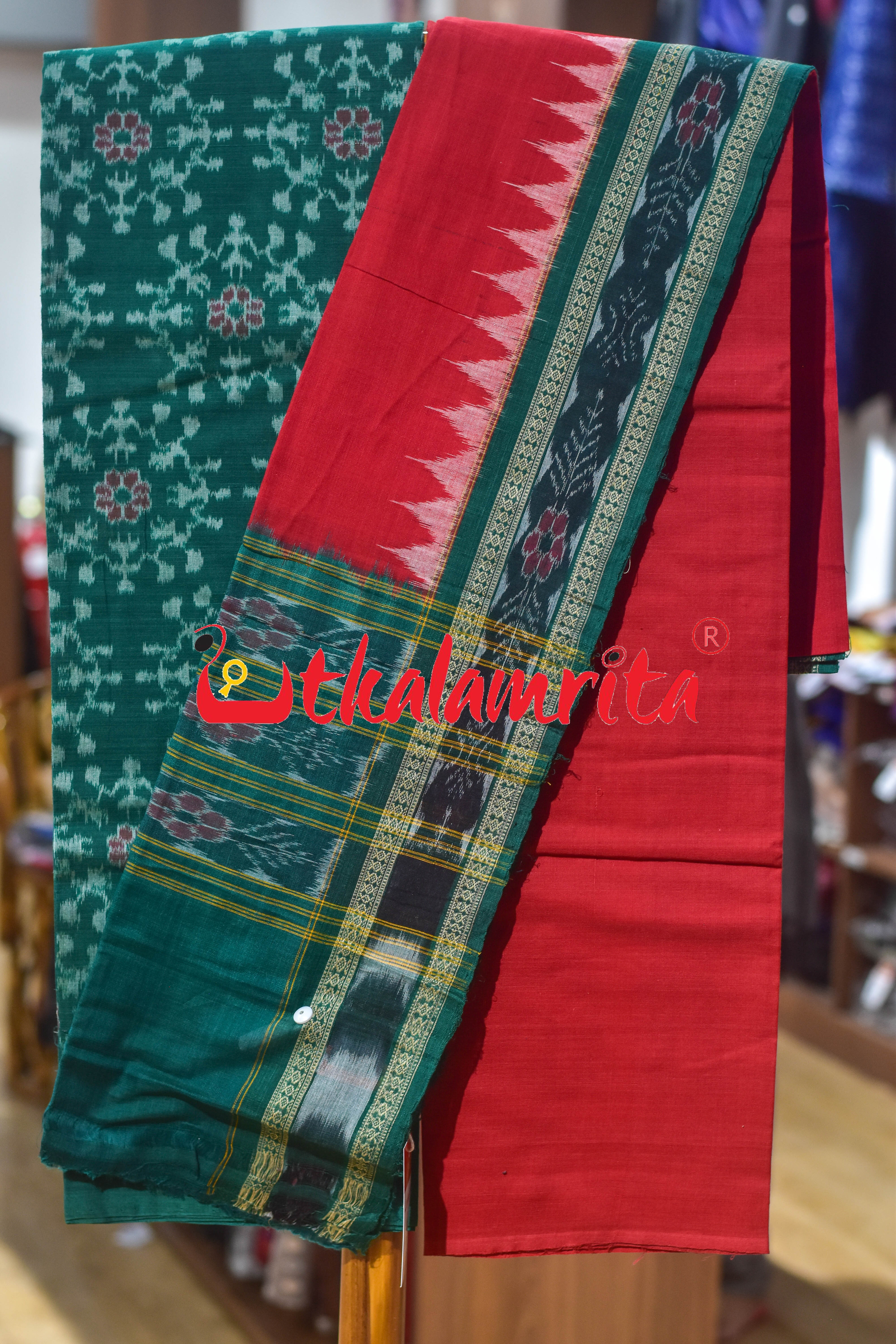 Green Red Tribal Chakra Sambalpuri Cotton Dress Set