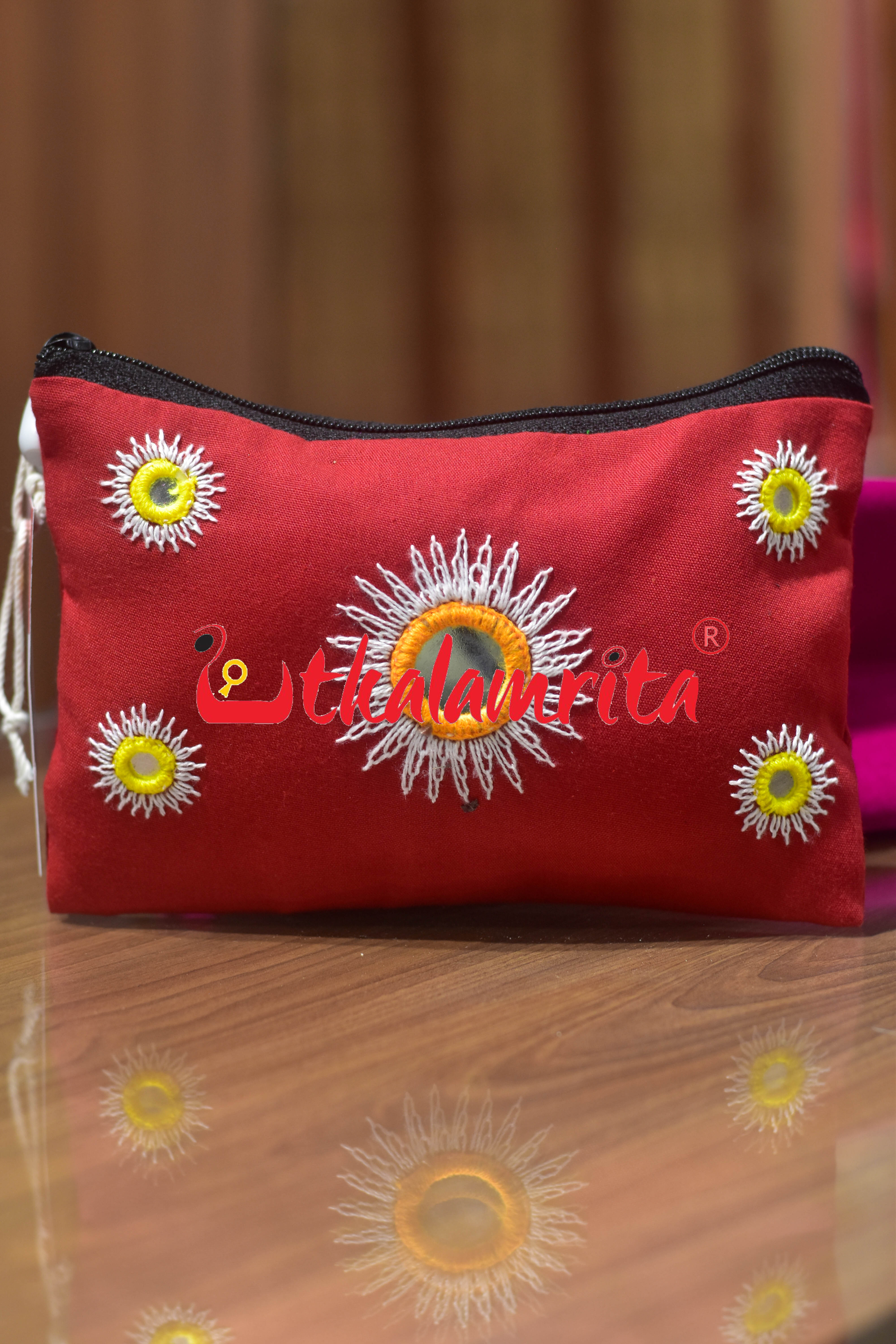 Red Mirror Work Pipli Applique Purse
