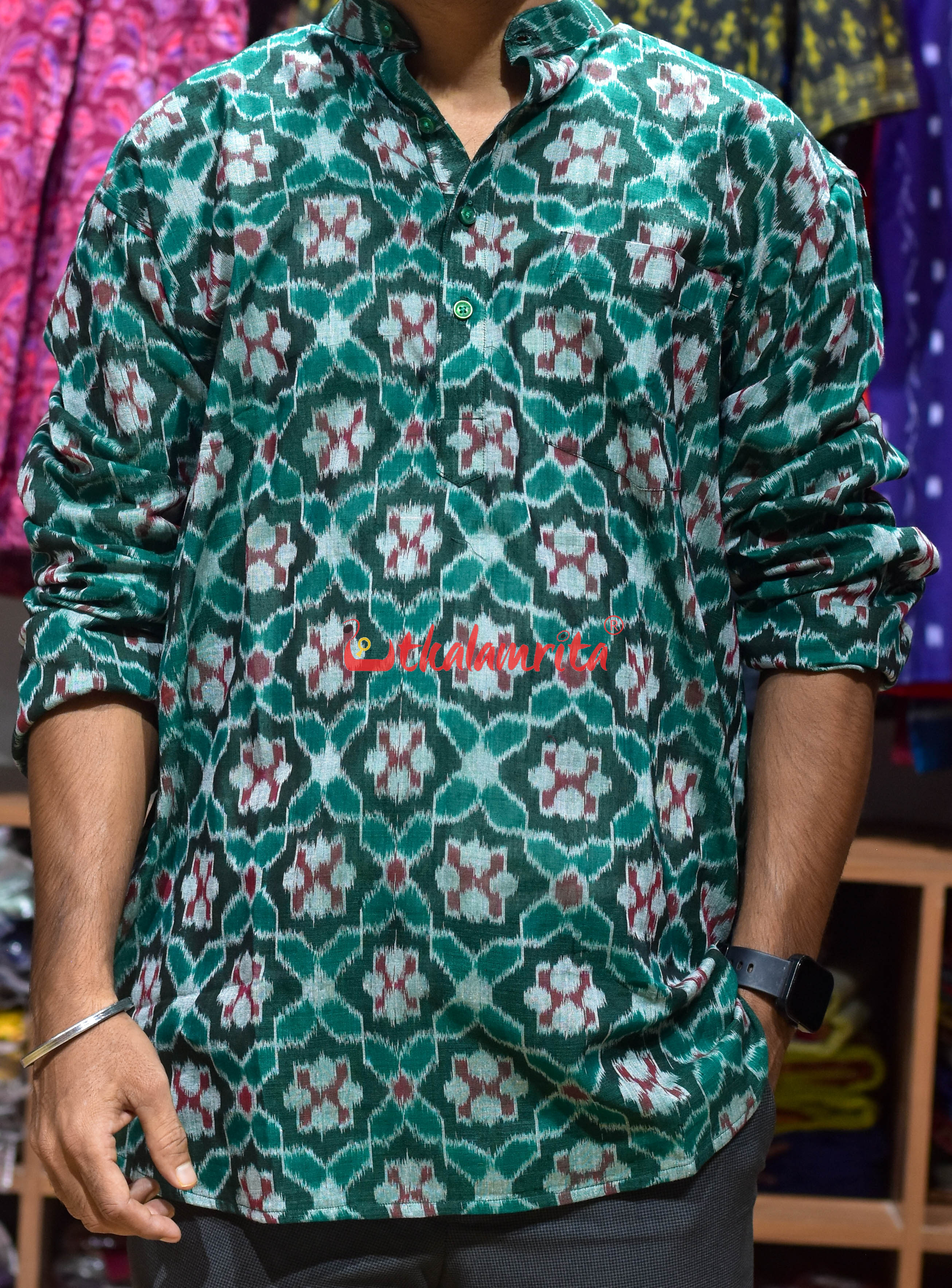 Green Flower Pasapali (Men's Short Kurta)