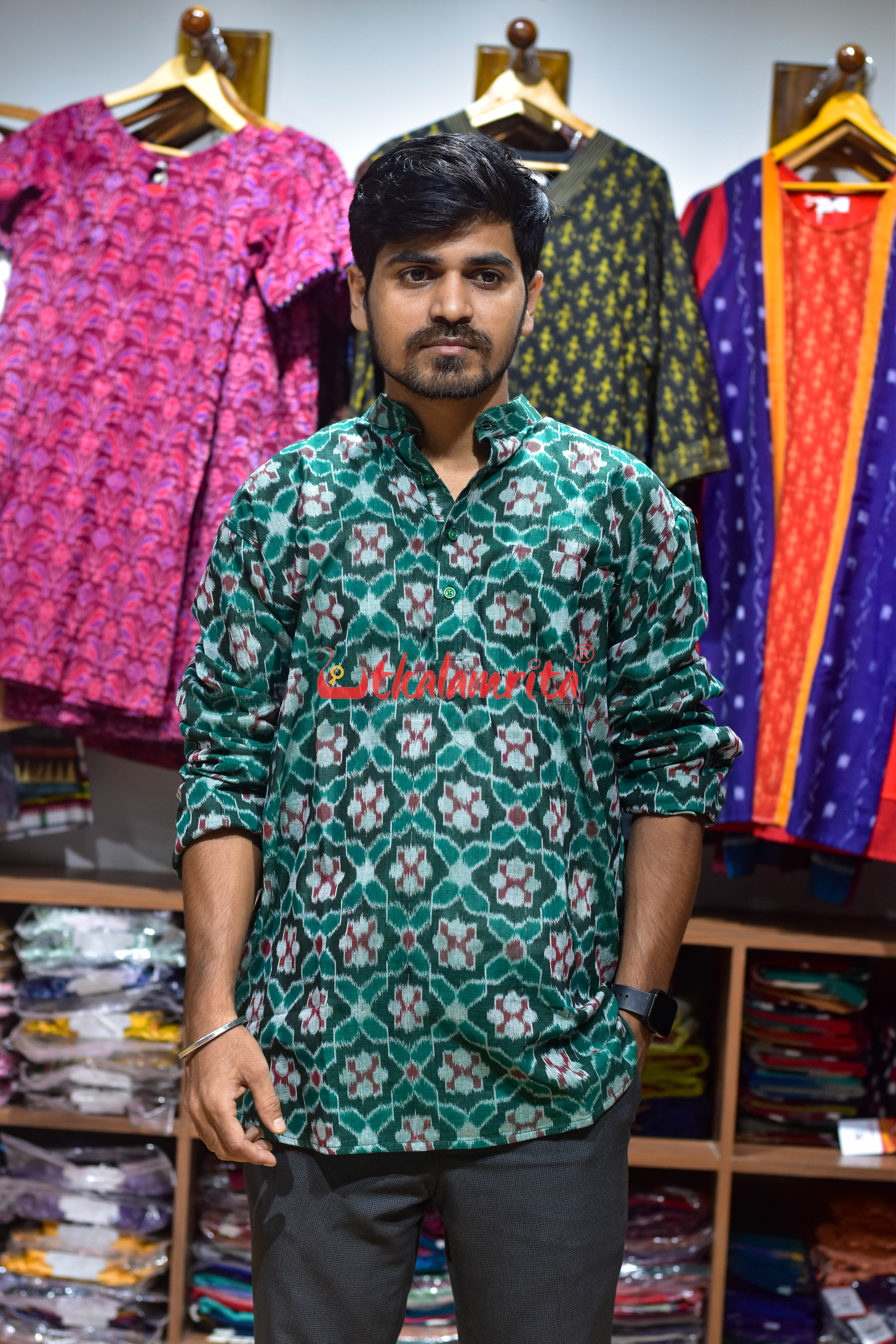 Green Flower Pasapali (Men's Short Kurta)