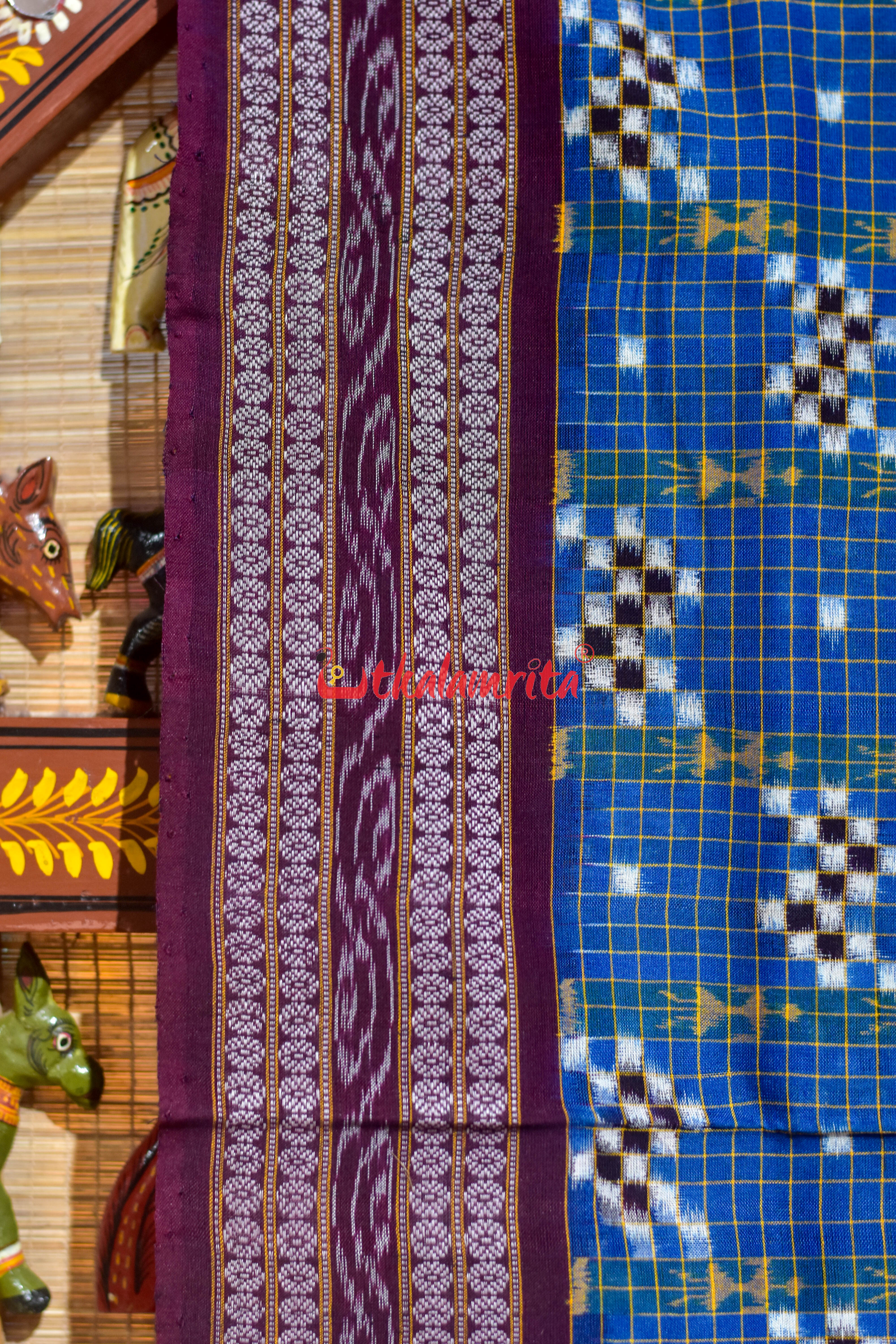 Deep Blue Check Pasapali Sambalpuri Cotton Saree