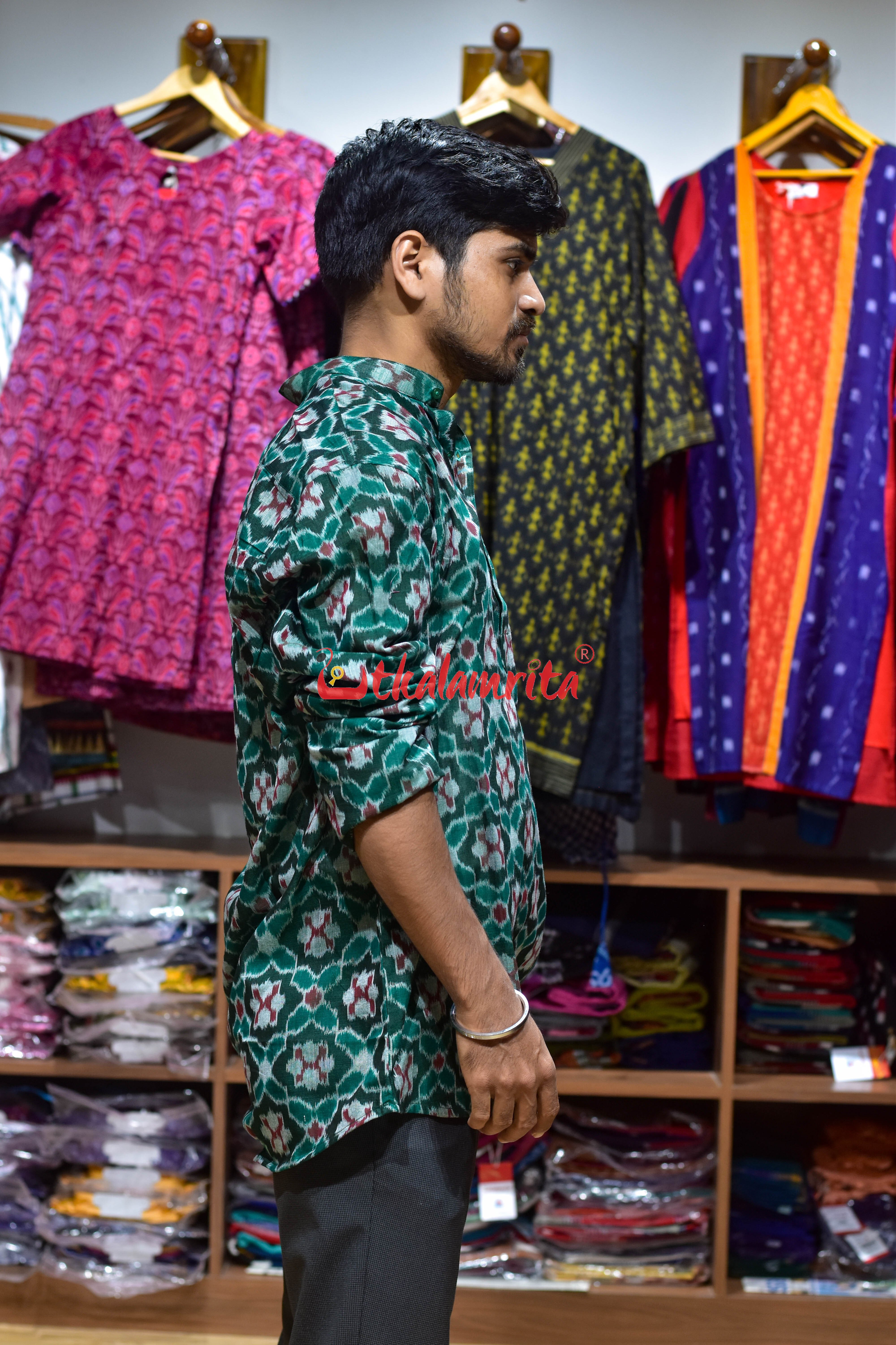 Green Flower Pasapali (Men's Short Kurta)