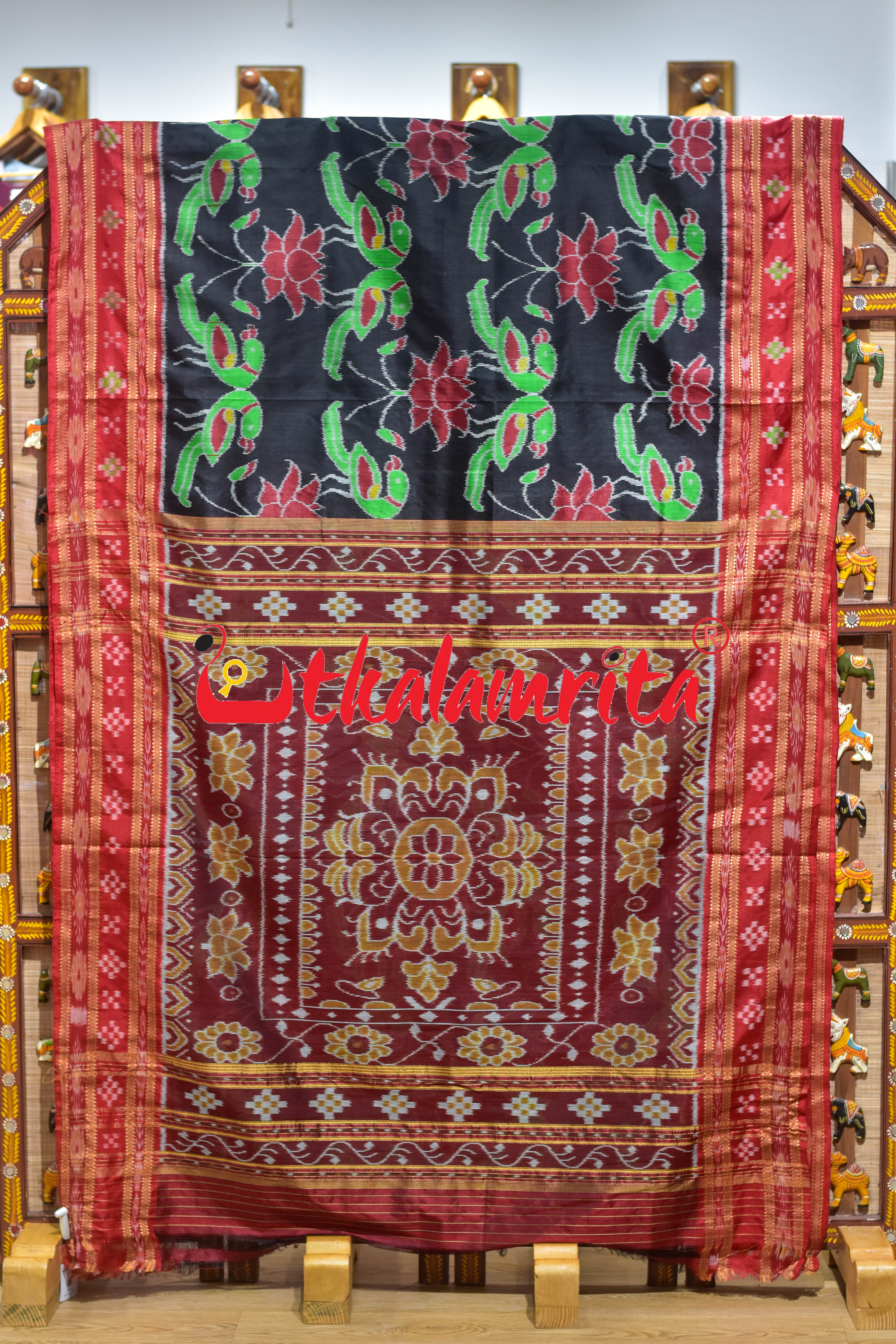 Black Red Sua Padma Khandua Silk Saree