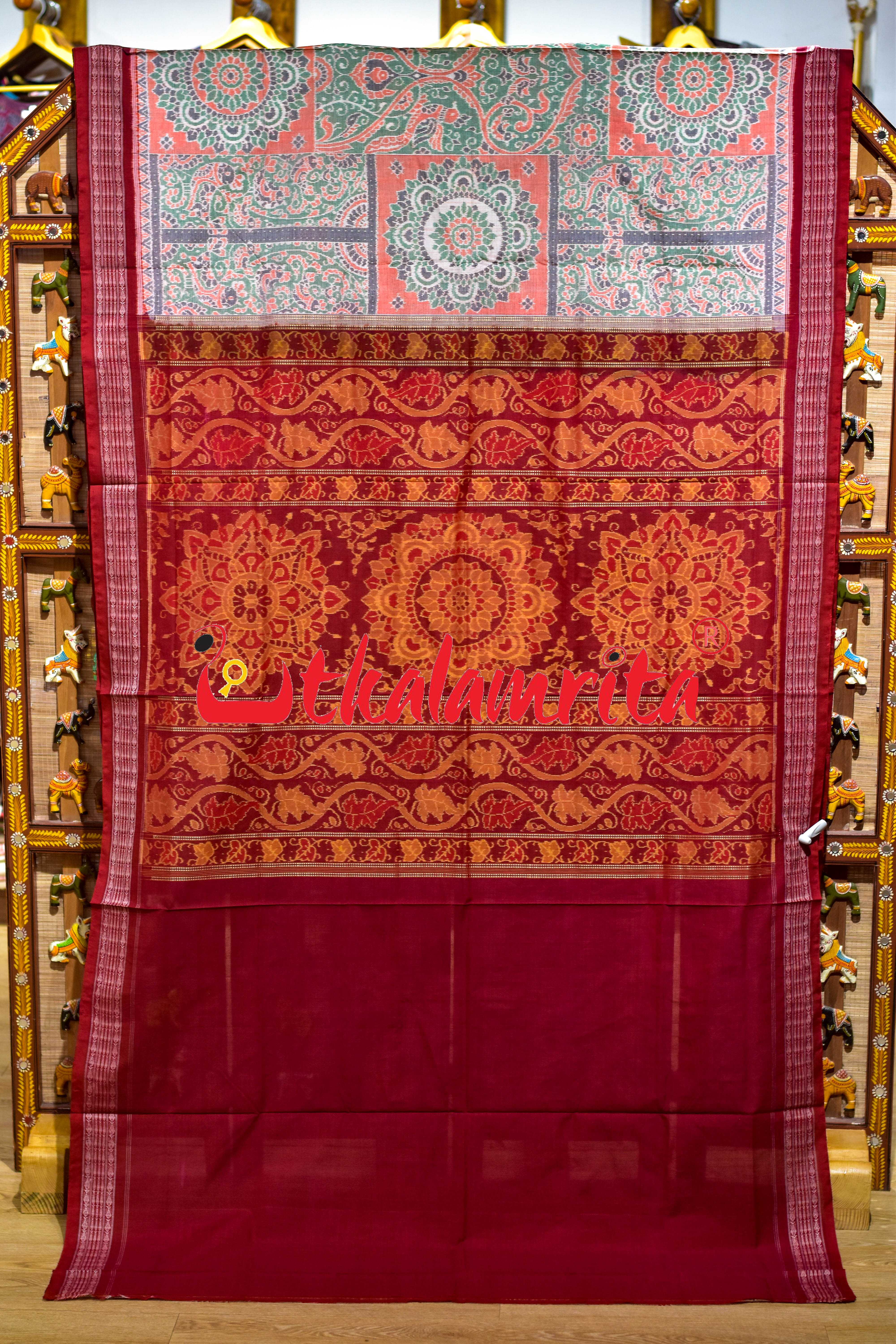 Green Orange Sua Chakra Sambalpuri Cotton Saree
