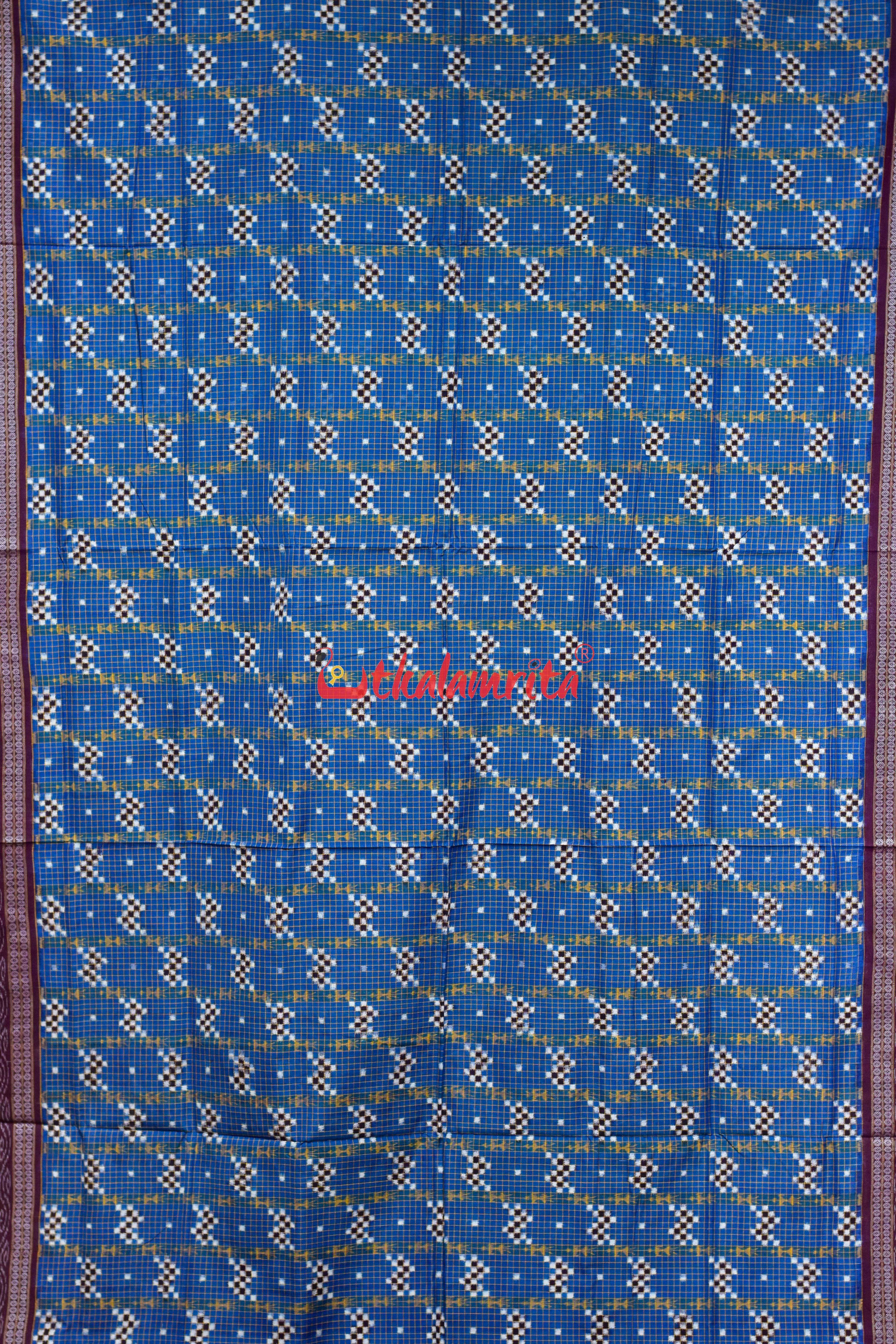 Deep Blue Check Pasapali Sambalpuri Cotton Saree
