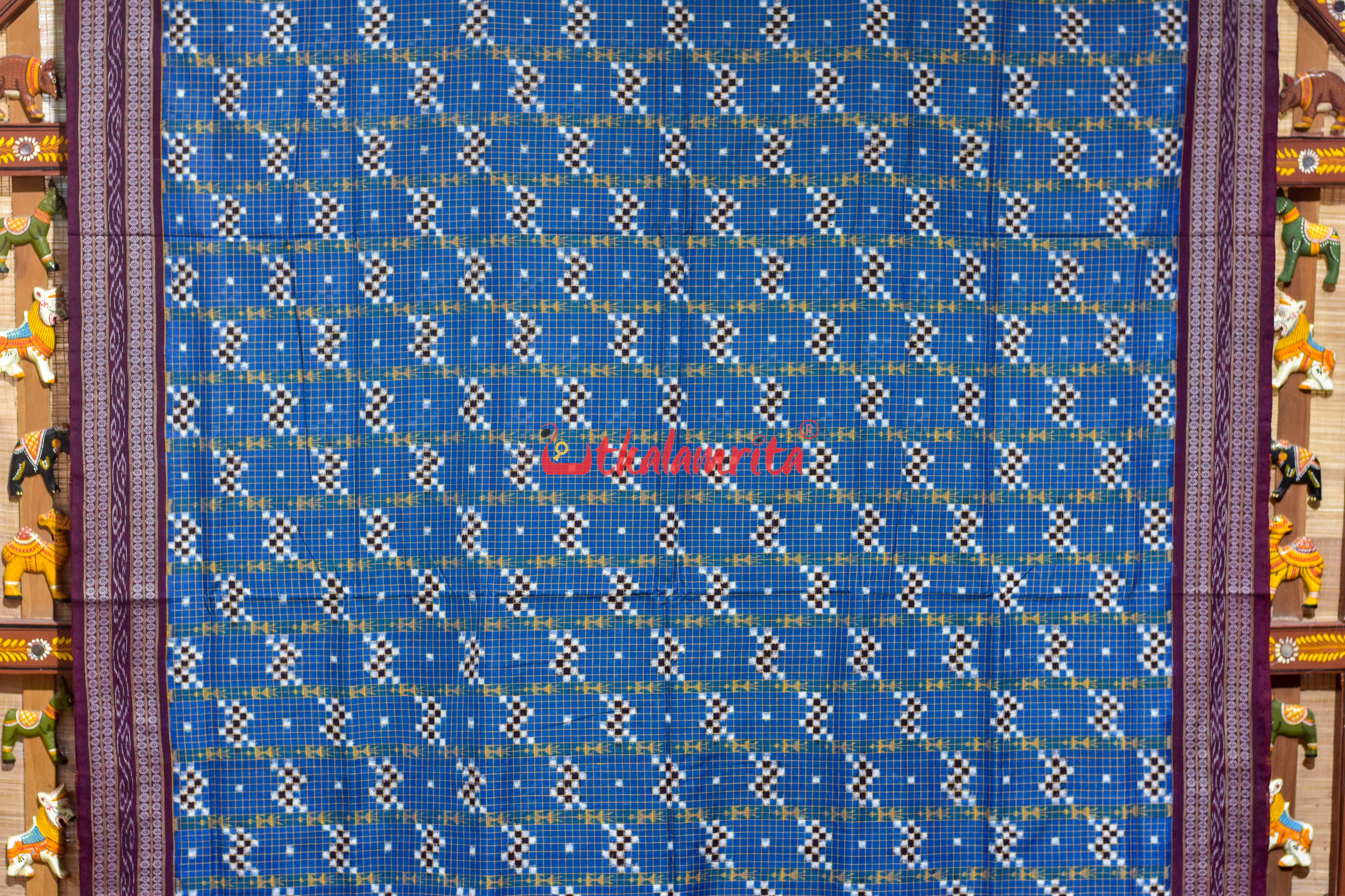 Deep Blue Check Pasapali Sambalpuri Cotton Saree