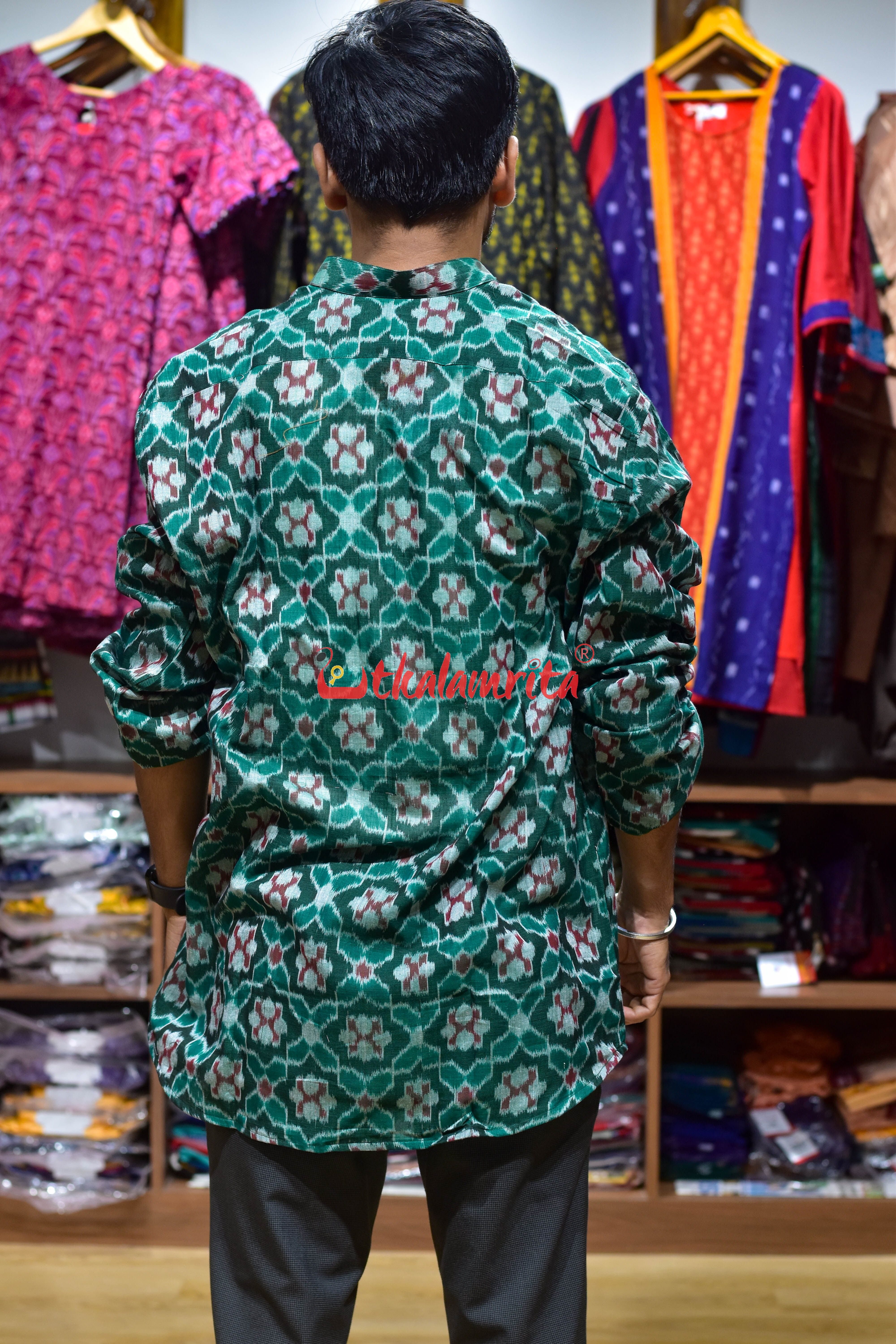 Green Flower Pasapali (Men's Short Kurta)