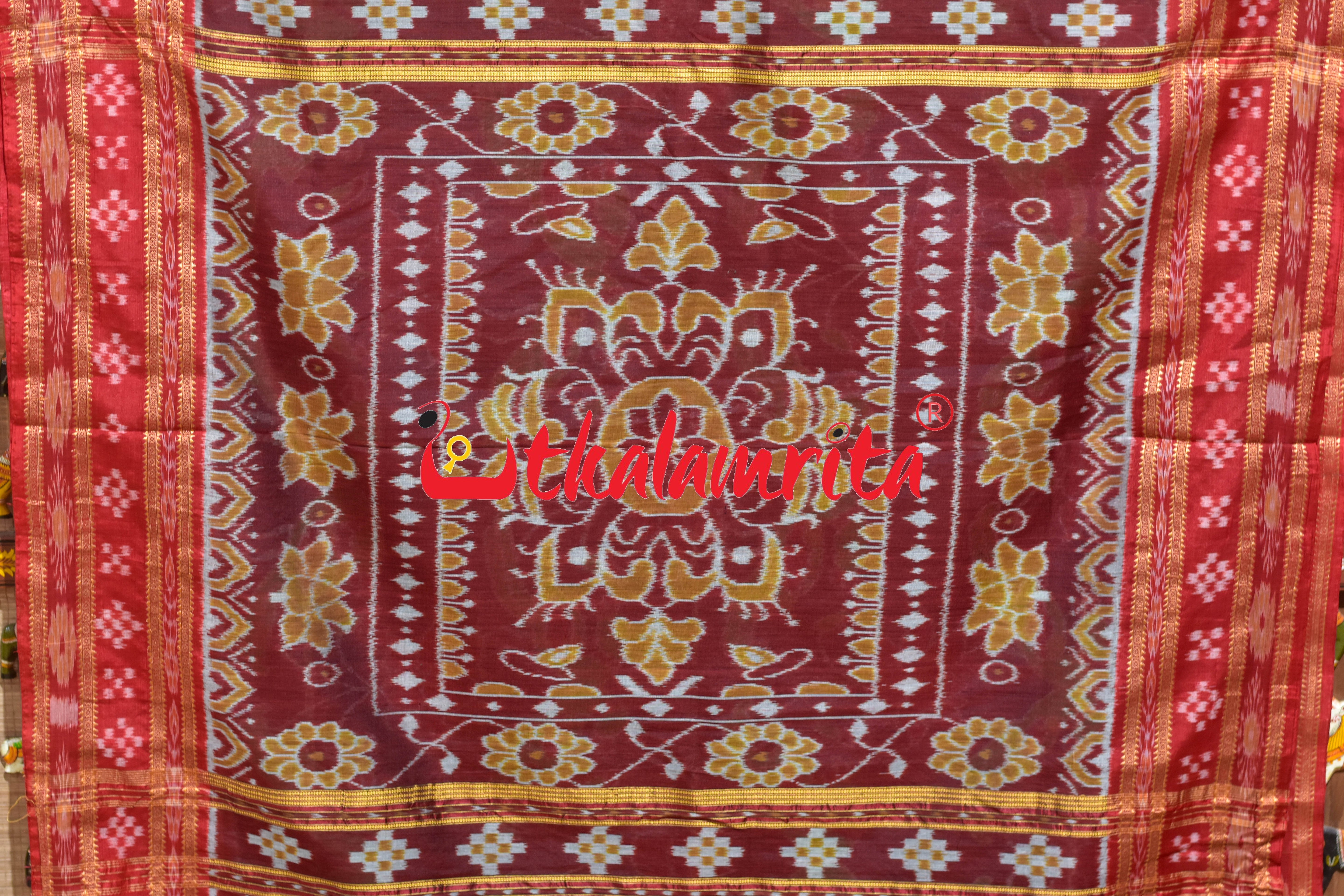 Black Red Sua Padma Khandua Silk Saree