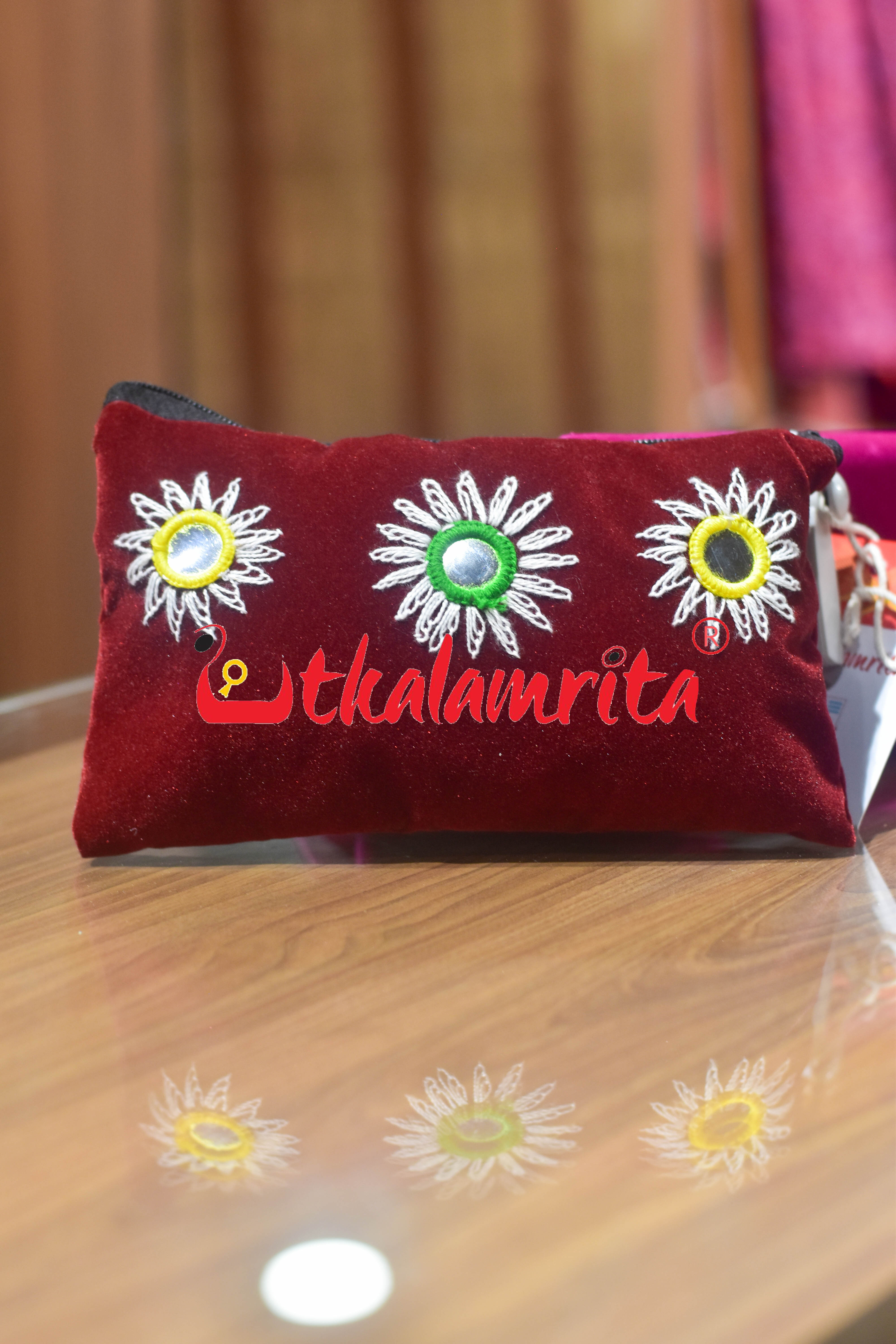 Maroon Velvet Pipli Applique Purse