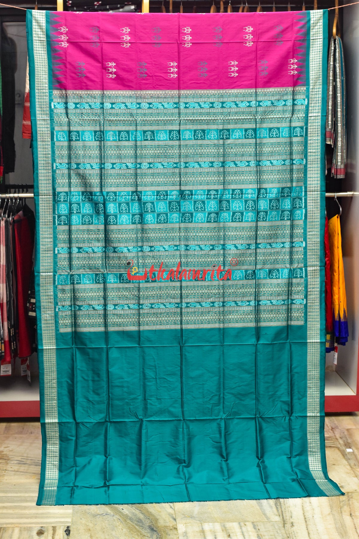 Rani Teal Tribal Bomkai Silk Saree